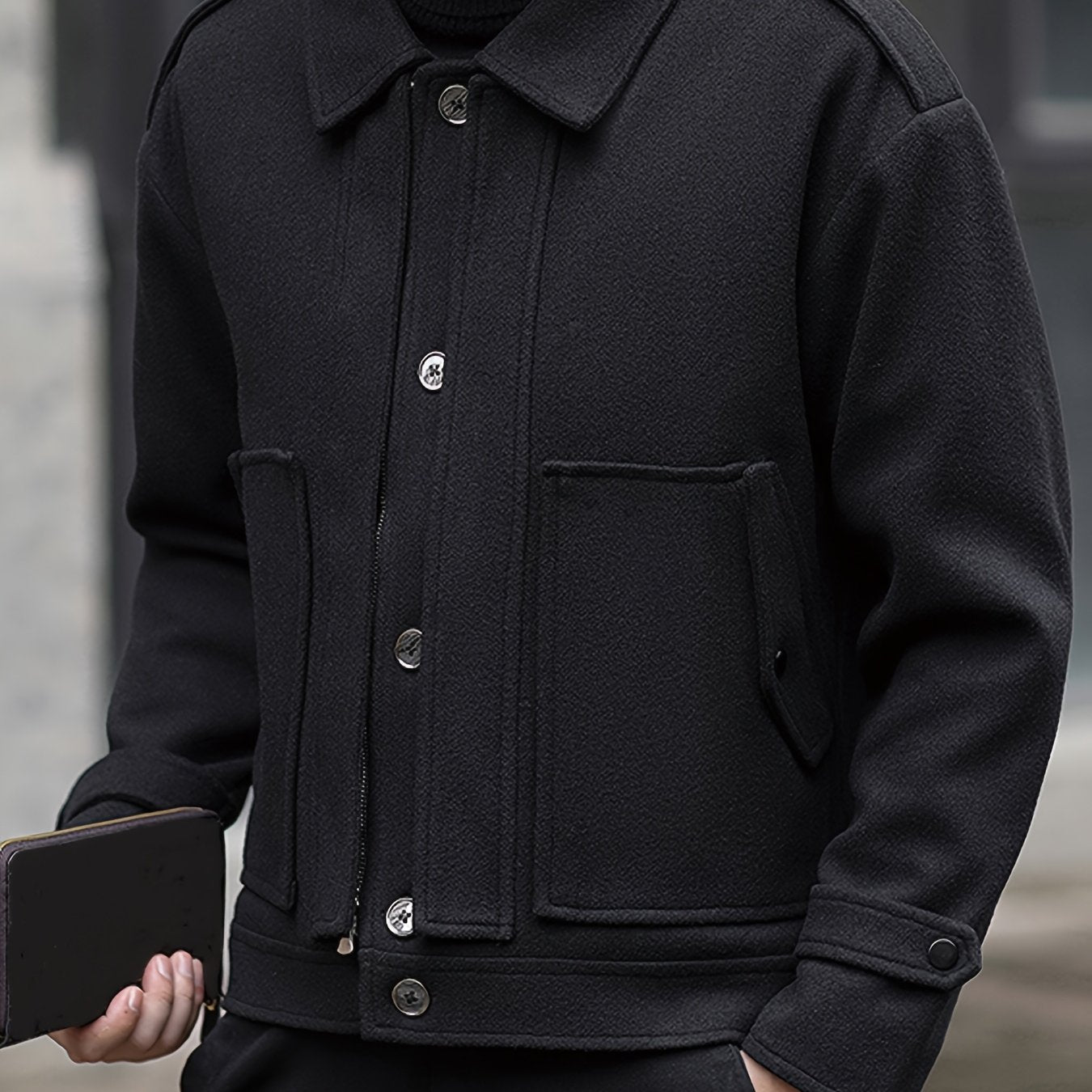 Men's Stylish Autumn/Winter Warm Polyester Casual Jacket with Lapel Collar, Zipper Closure, and Pockets - 100% Polyester Solid Color Loose Fit Coat
