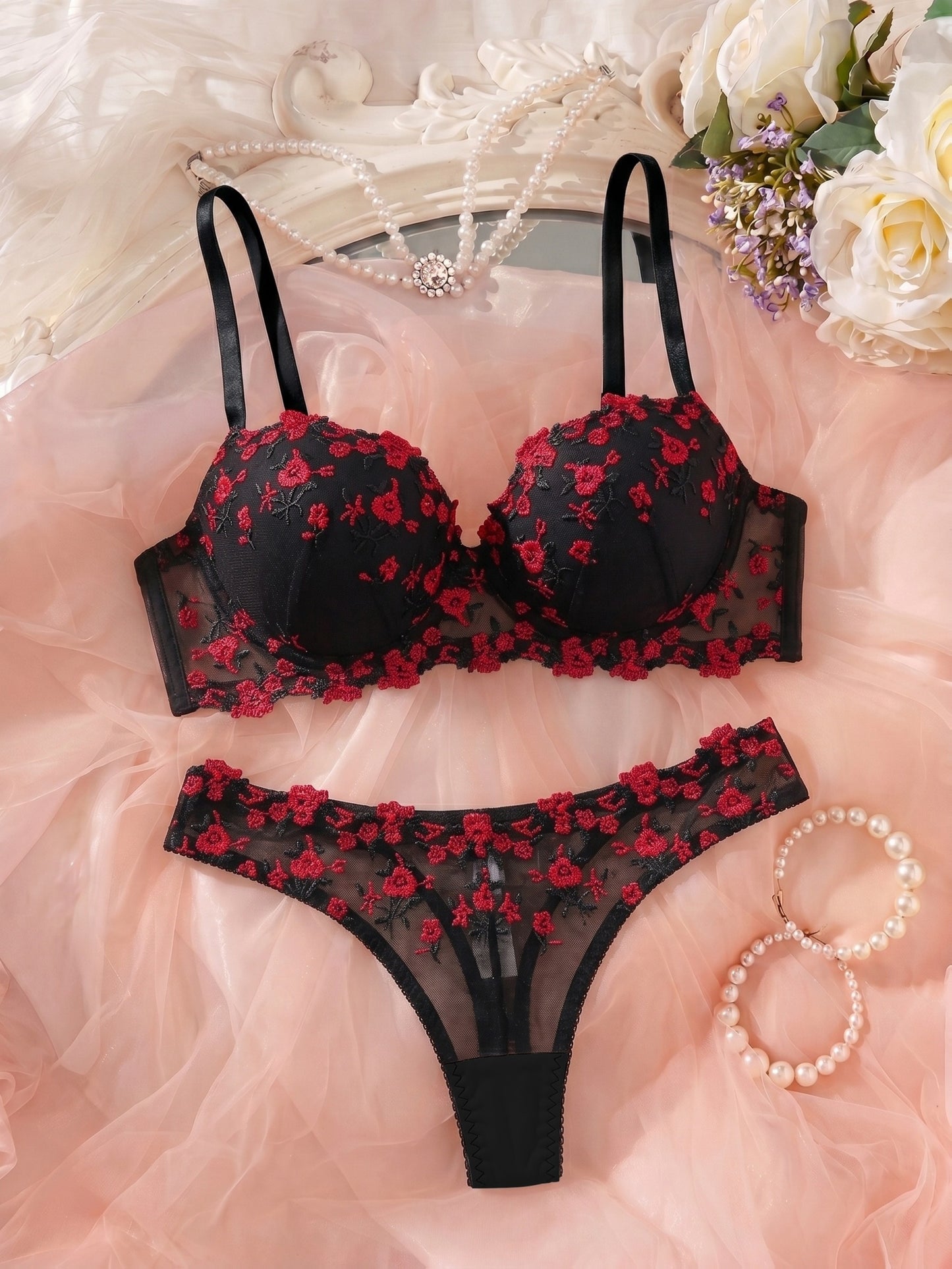 Women's Floral Embroidered Lingerie Set - Elegant Bra & Panties
