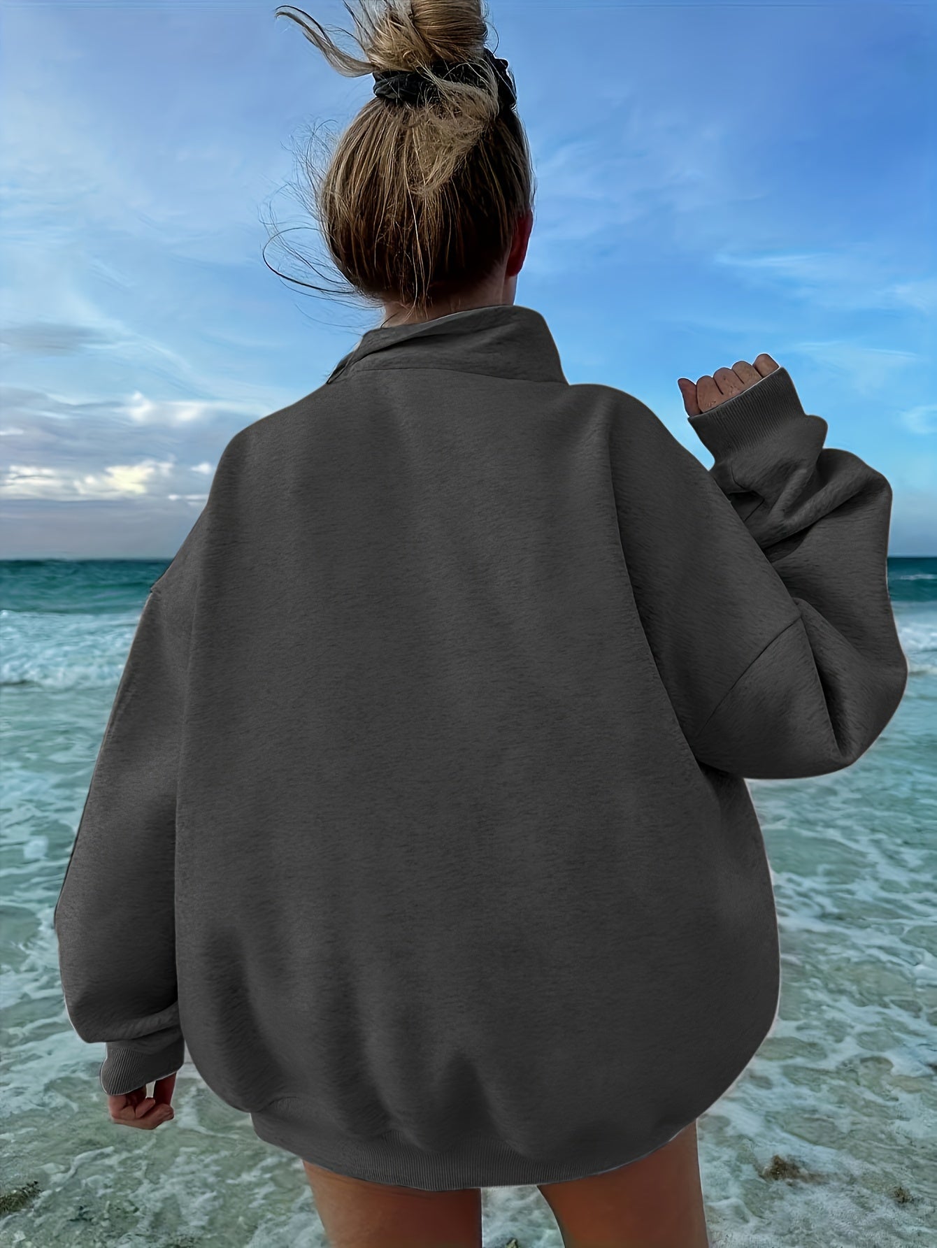 Women's Casual Heather Gray Half-Zip Sweatshirt - Soft Polyester & Elastane Blend, Long Sleeve, Stand Collar, Machine Washable - Perfect for Spring/Fall