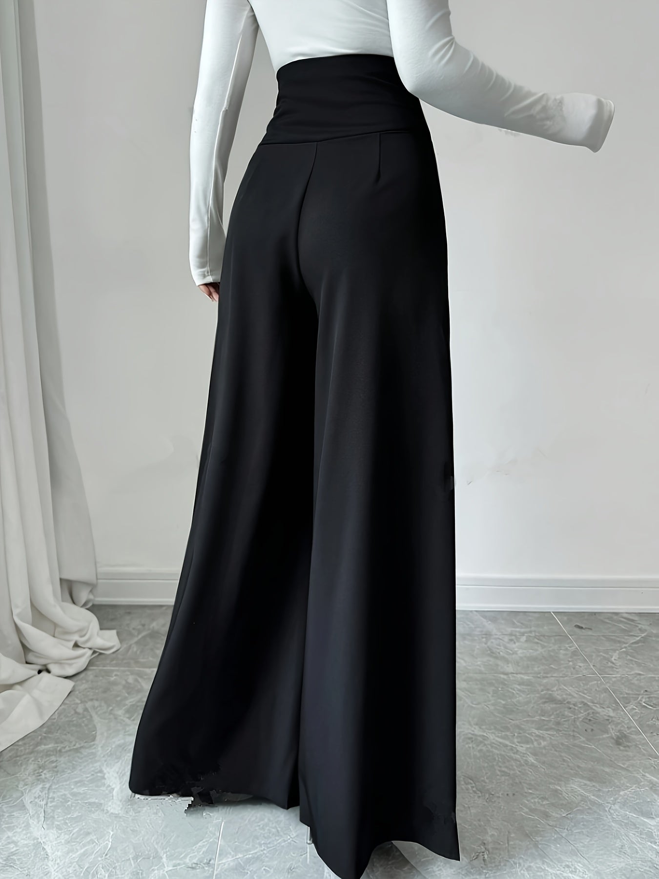 1pc Elegant High-Waisted Black Wide Leg Pants for Women, Solid Color Polyester, Regular Fit with Zipper Fly, All-Season Long Length Trousers with Zipper Detail