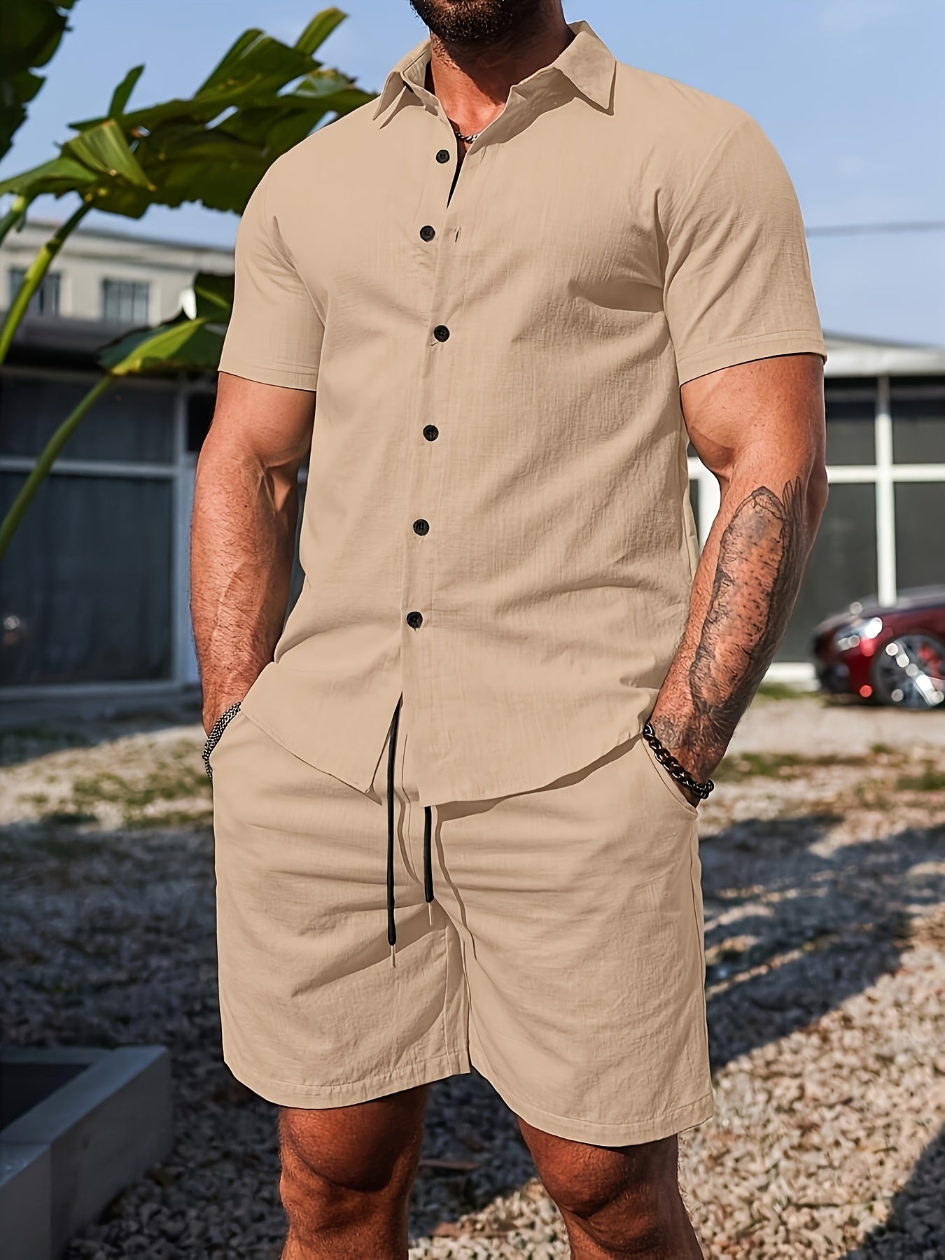 Men's Casual Summer Solid Short Sleeve Shirt & Shorts Set