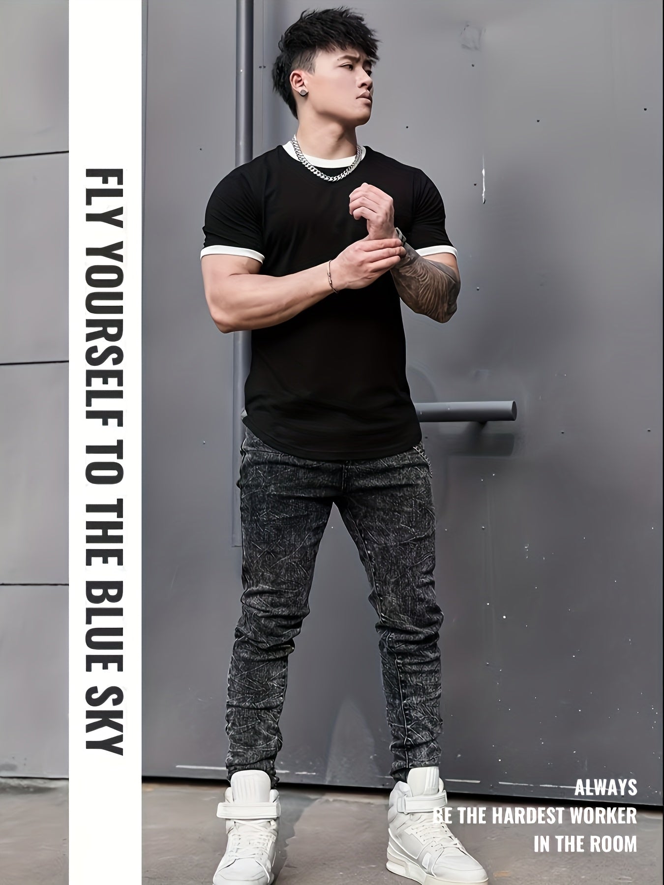 Men's Quick-Dry Athletic T-Shirt - High Elasticity, Breathable Polyester, Black with White Contrast Trim, Round Neck, Short Sleeves for Gym, Running & Basketball, Workout Clothing | Casual Sportswear | Polyester Fabric