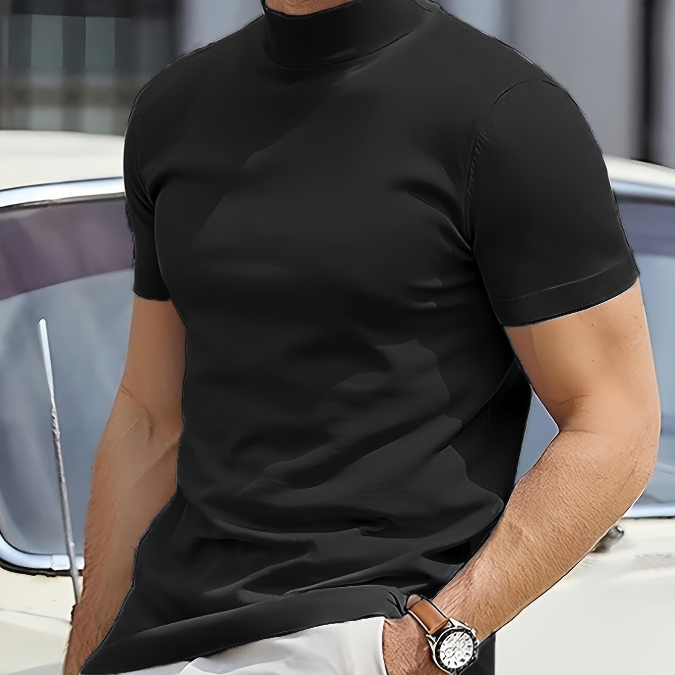 Men's Summer New Basic Solid Color Fashion Simple High-End Casual Sport Comfortable High-Neck Short-Sleeve Top - ayq