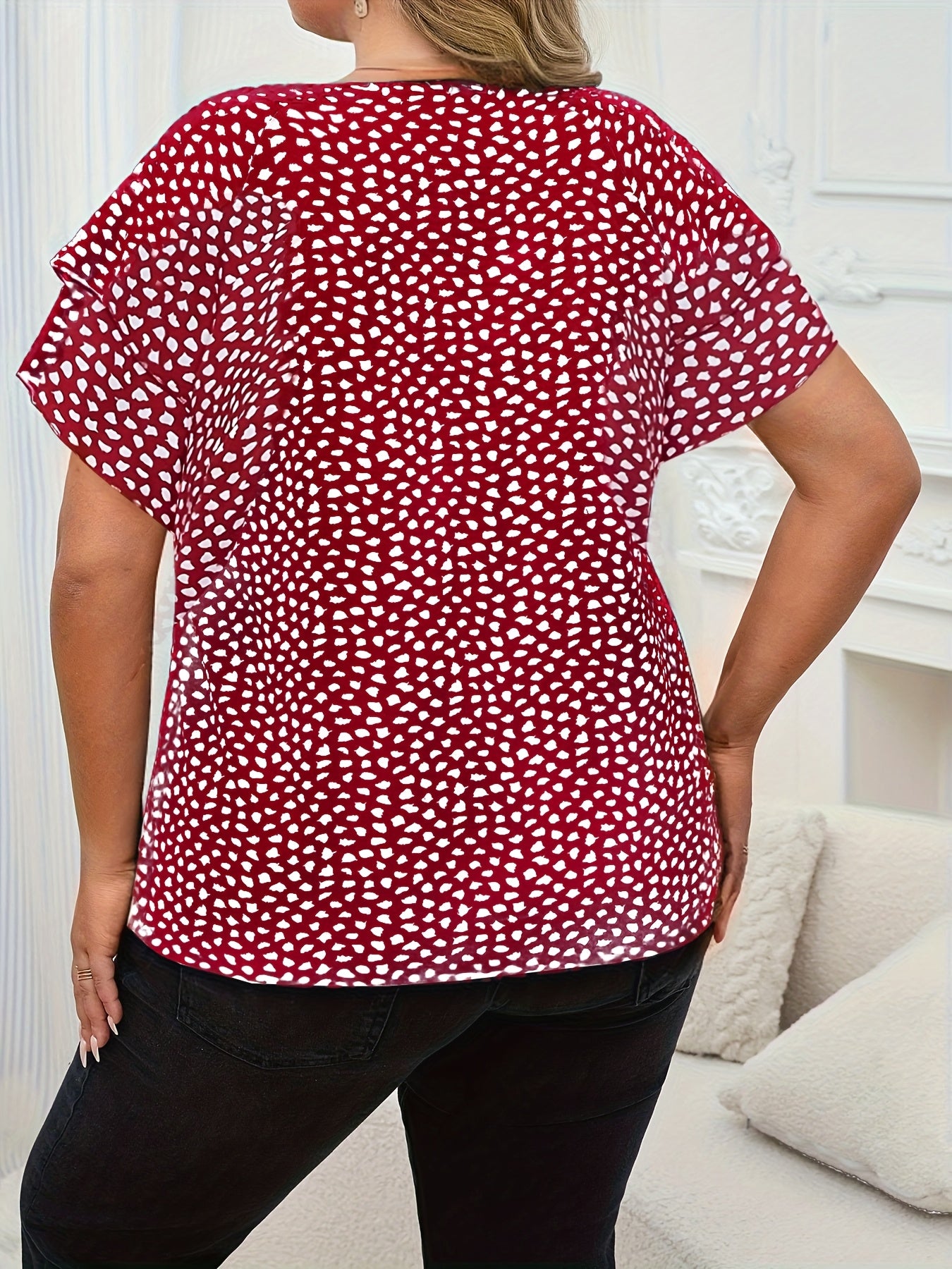 Plus Size Allover Print բլուզ, էլեգանտ Ruffle Sleeve Crew Neck Top for Spring & Summer, Կանացի Plus Size հագուստ