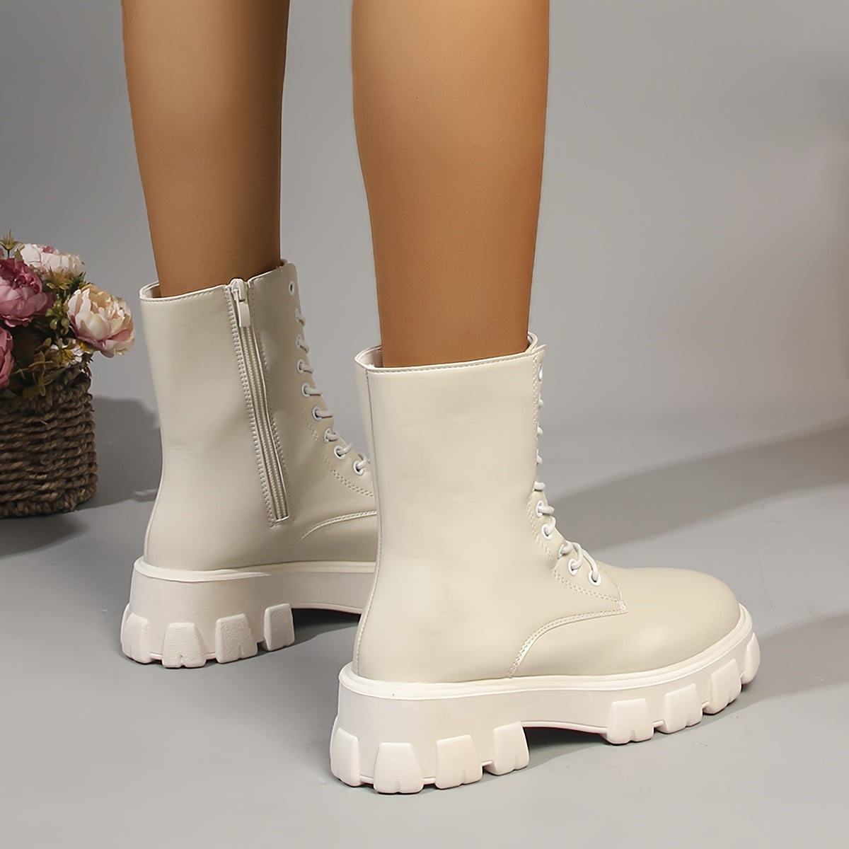 Chic Women's Mid-Calf Platform Boots - Versatile Lace-Up Ankle Booties with Thick Sole, Faux Cover, Comfortable for All Seasons