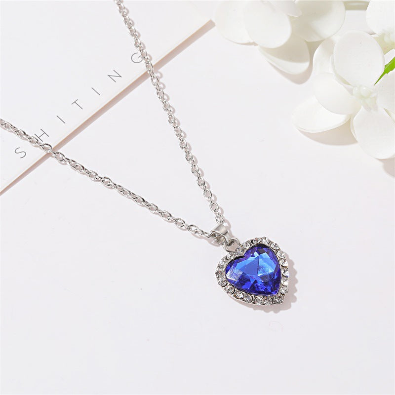 Birthstones Կախազարդ Վզնոց Սրտաձև Սինթետիկ Կապույտ Քարեր Ամբողջ Փայլուն Ցիրկոնիայից Կախազարդով Կանացի պարանոցի փայլուն շղթայով