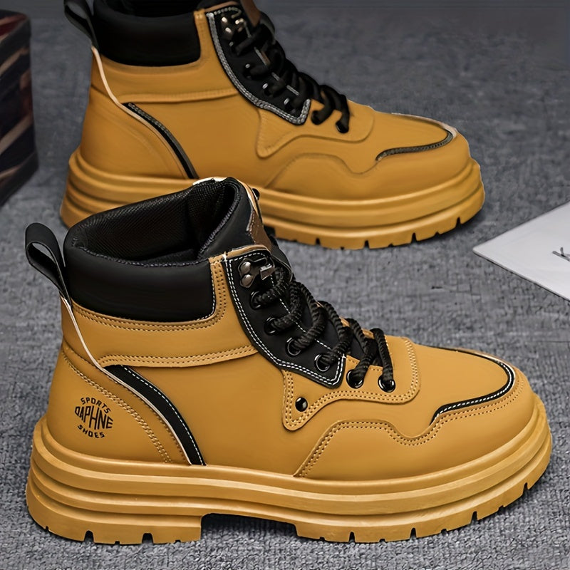 Large Size High Top Casual Shoes Short Boots Men's Big Yellow Boots High Top Trendy Versatile British Style Short Boots Mid Top Work Boots Men's Hiking Boots