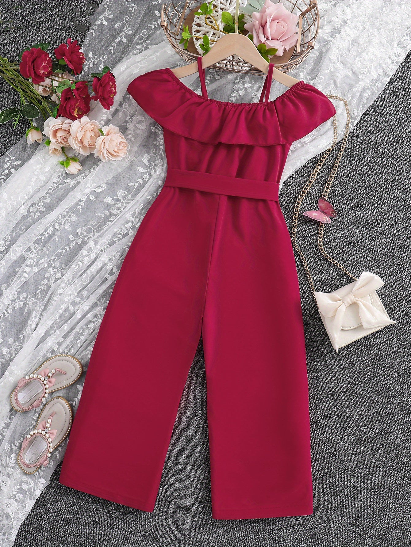 Girls Ruffle Cami Romper Belt Off Shoulder Նրբագեղ ամառային գարուն աշուն մանկական հագուստ