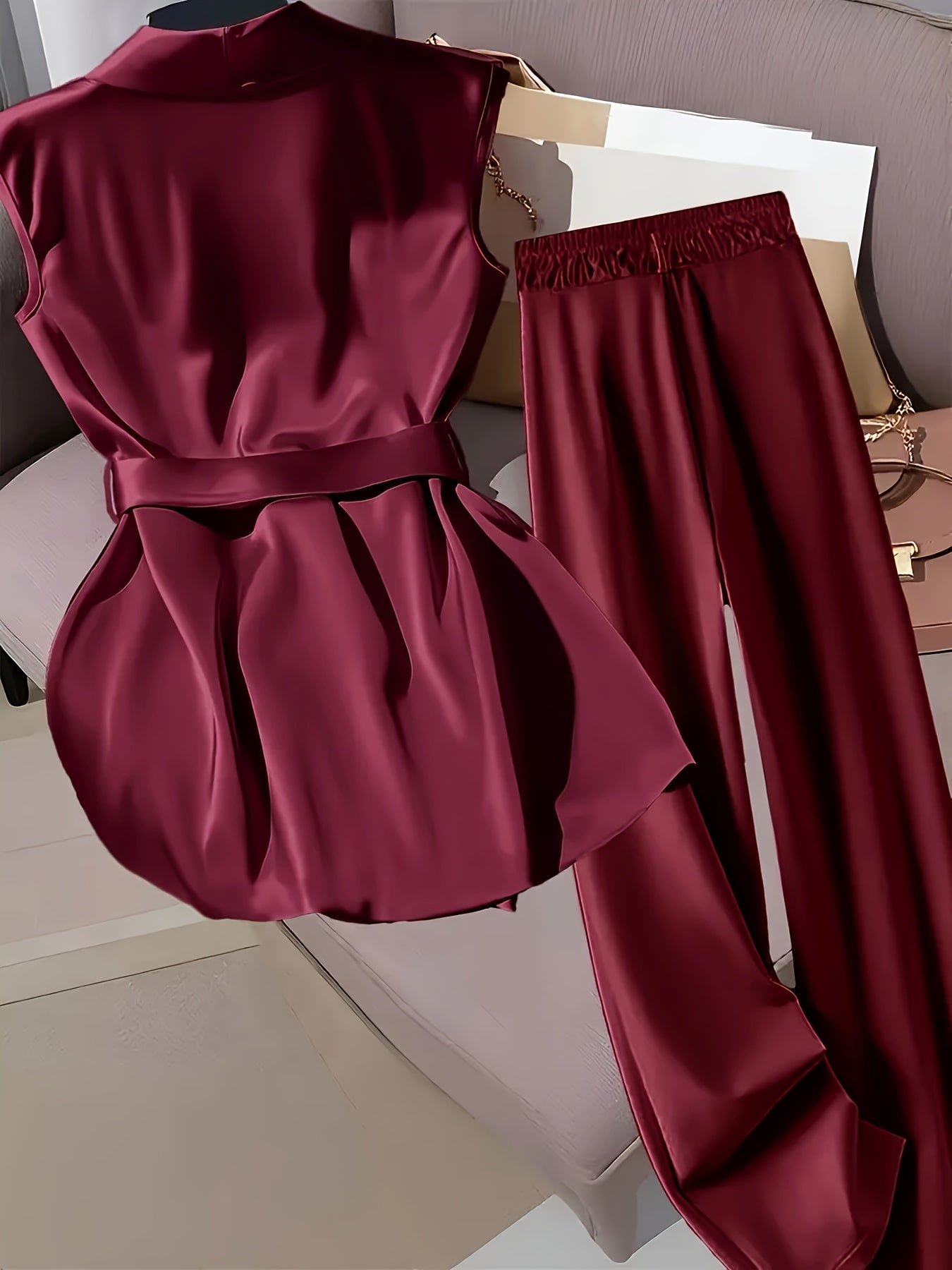 Elegant Navy Blue Satin Sleeveless Blouse & Wide-Leg Pants Set - Chic Belted Waist, High-Waisted Design, Smooth Texture, Perfect for Casual or Formal Occasions, Formal Attire | Belted Waist Blouse | Glossy Finish