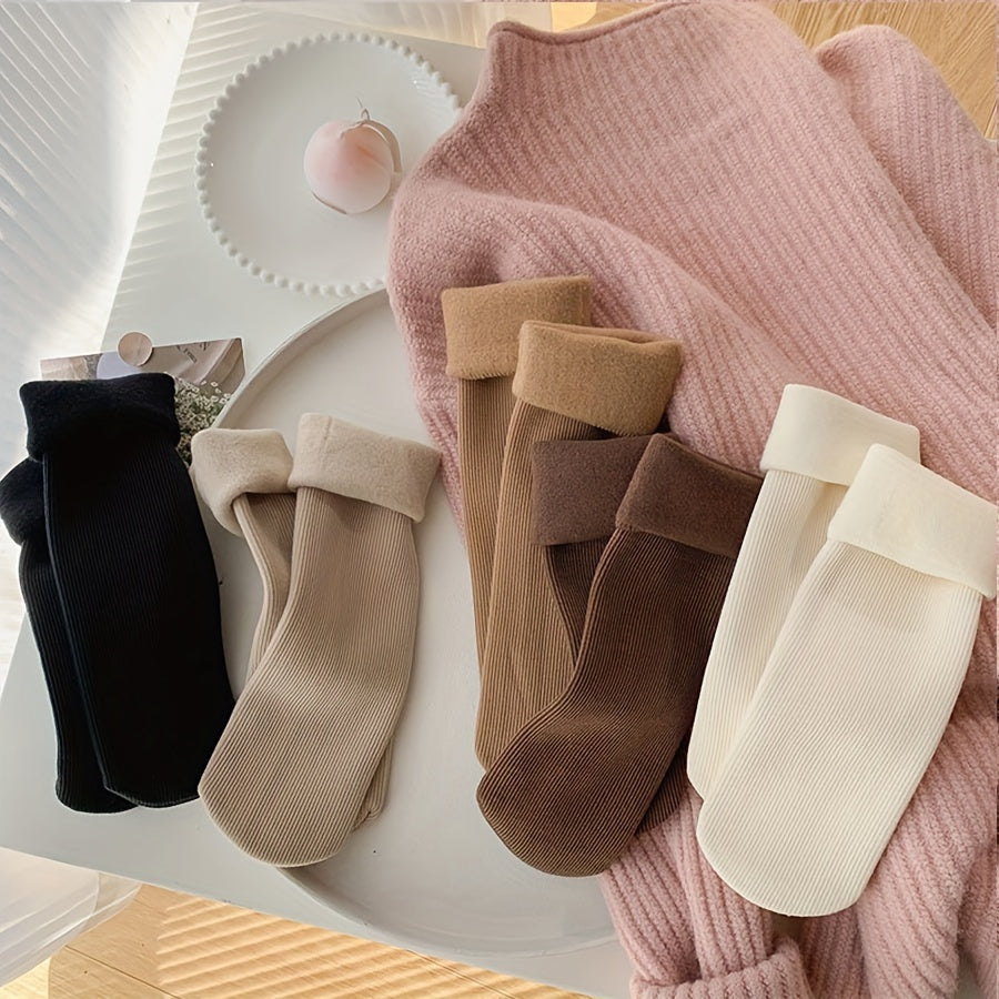 5 Pairs Women'S Knee-Length Thermal Fleece-Lined Socks, Solid Color, Polyester Knit Fabric, 100% Polyester, with Hand Washable