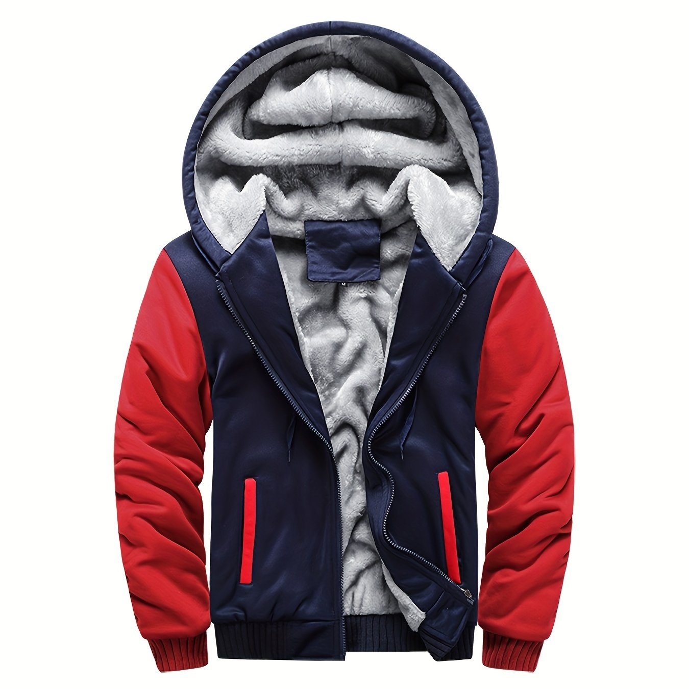 Color Block Sherpa Lined Men's Hooded Jacket, Casual Long Sleeve Hoodies With Zipper, Gym Sports Hooded Coat For Winter Fall