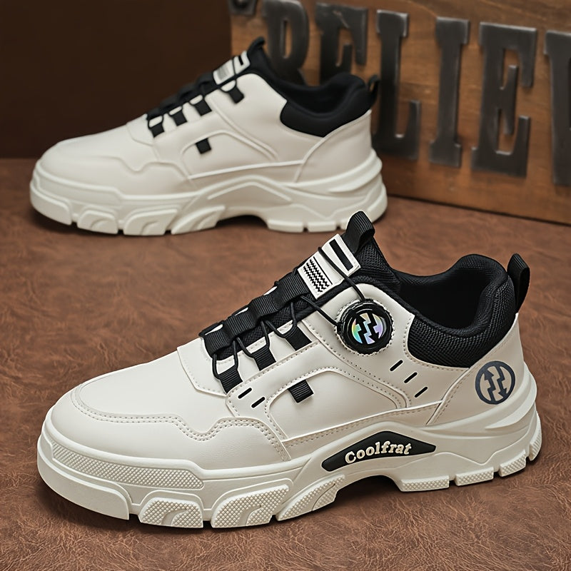 Men's Solid Color Skate Sneakers - Adjustable Rotating Buckle Straps, Slip-Resistant PVC Sole Durable PU Upper, Low-Top Lace-Up Design for Hiking, Walking, Daily Wear - All-Season Casual Streetwear Shoes, Skate Shoes
