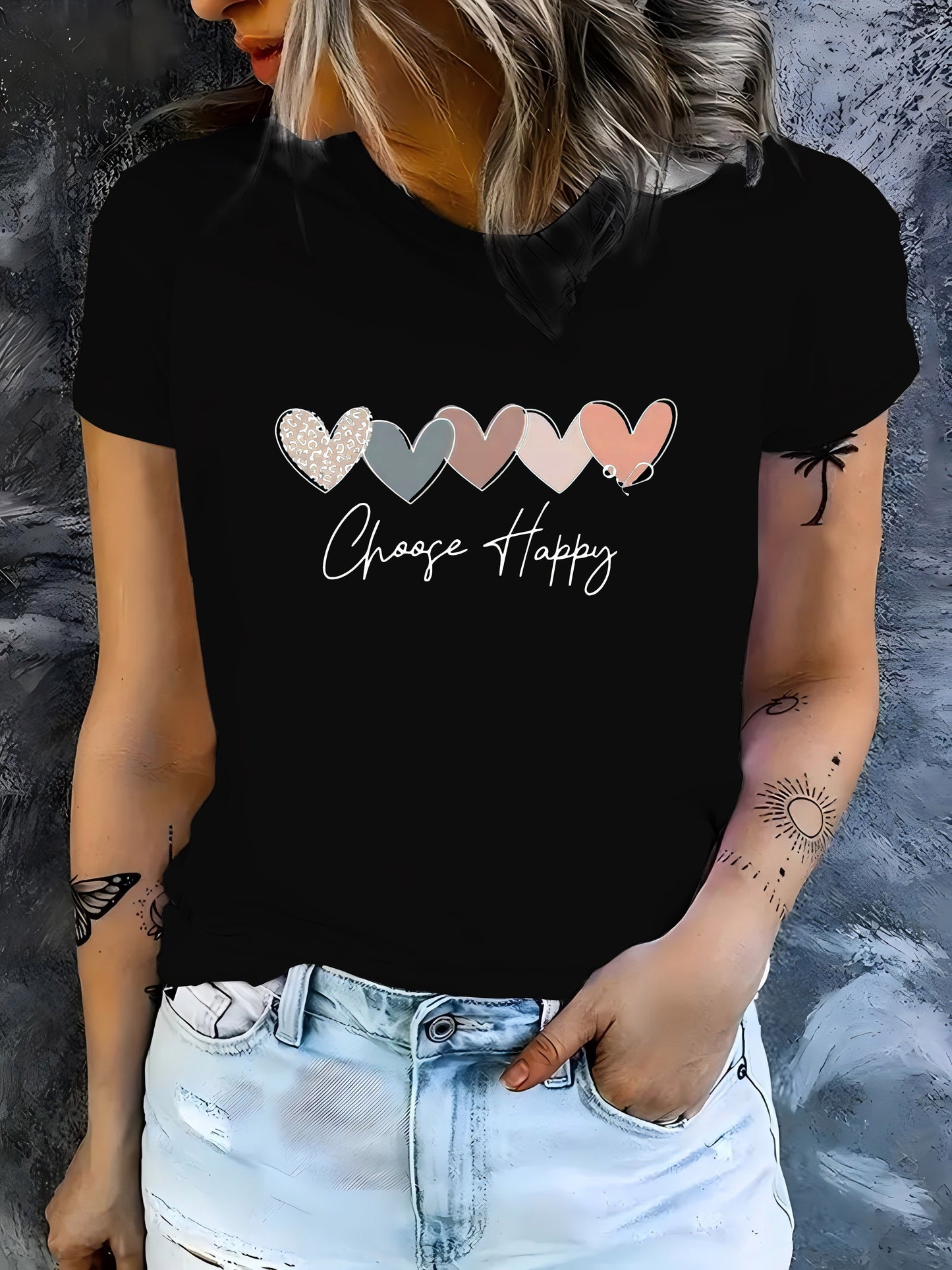 Women's Casual Sport T-Shirt, Round Neck, Heart And Happy Print, Short Sleeve, Soft Knit