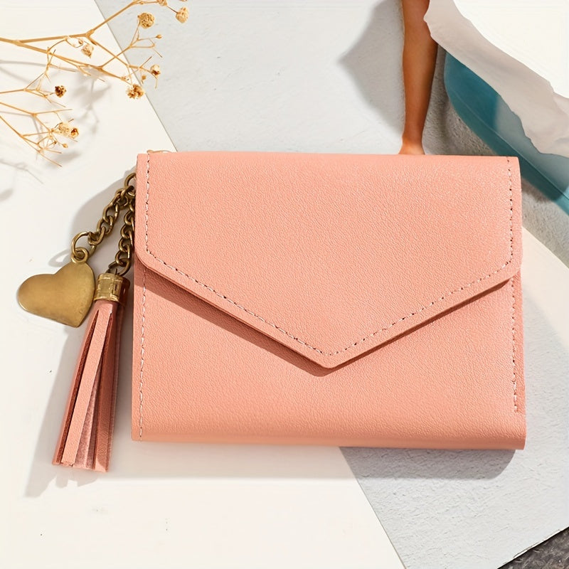 1pc Metal Heart & Tassel Decor Wallet Short Women Wallets Purse, Patchwork Fashion Panelled Wallets, Trendy Coin Purse