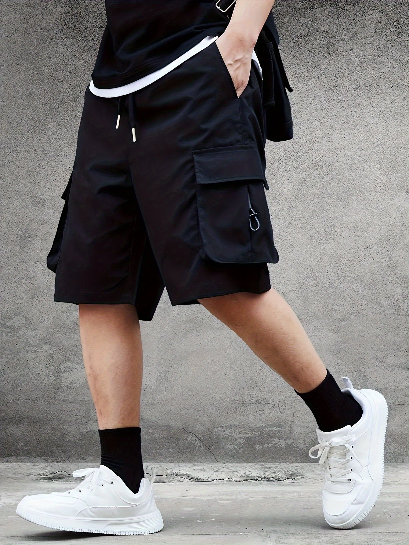 Men'S American Work Shorts, Casual, Solid Color, Loose Fit, Polyester, Woven, with Large Capacity Pocket and Personality Drawstring Design