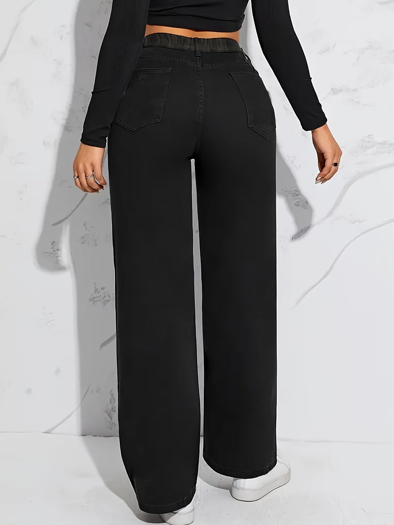 Women's High-Waisted Wide Leg Jeans, Fabric Blend, Polyester, Viscose, Classic Style, Machine Washable, No Stretch, Solid Color, Four Seasons, Zipper Closure, Casual Outwear