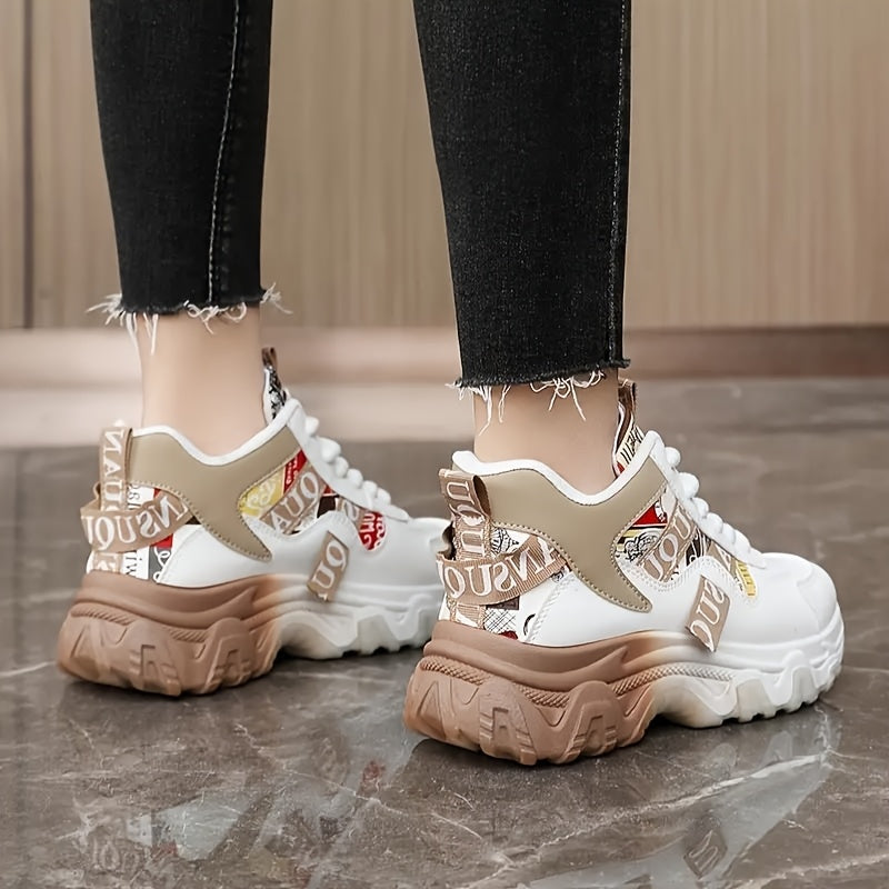 Women's Chunky Platform Sneakers - High-Top Lace-Up Shoes with Cushioned PVC Sole, Beige/White/, Synthetic Cover Upper - All-Season Outdoor, Casual, Office Shoes for Everyday Formal Outfits - Lightweight Thick Platform Foot