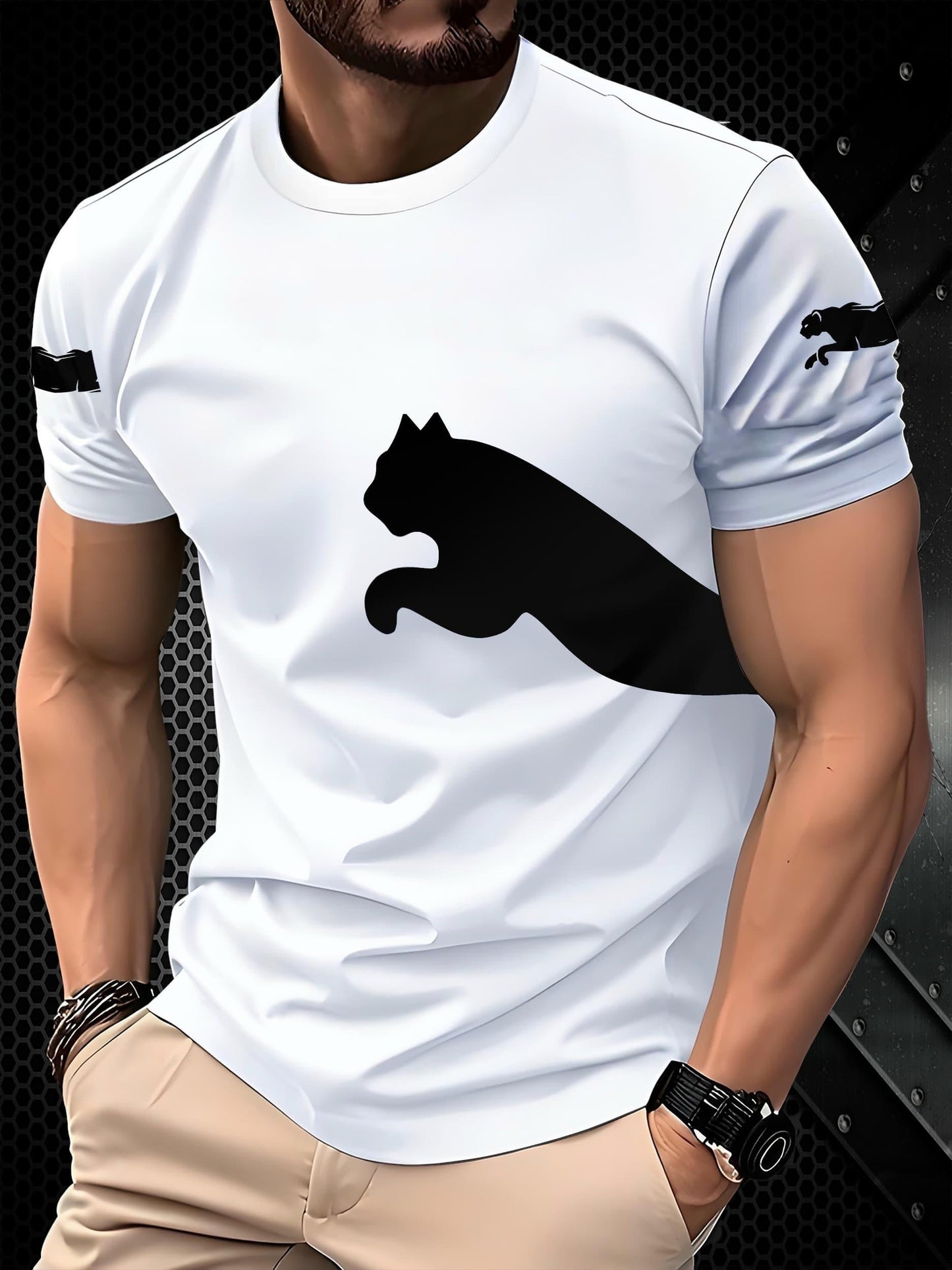 Men's 3D Print Cat Graphic T-Shirt - Casual Short Sleeve Summer Tee with Black White Contrast Design, Breathable Round Neck Top for Outdoor Activities, Machine Washable, Relaxed Fit Shirt, Durable Fabric, Detailed Print Qua