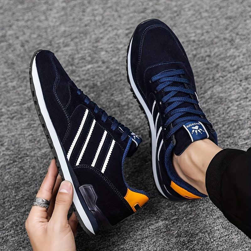 Men's Breathable Mesh Running Shoes - Versatile Korean Style Casual Sneakers with Striped Design, Durable Non-Slip Rubber Sole for Outdoor Activities, Daily Wear & Exercise - Light Gray with Blue Accents, Lace-Up Closure