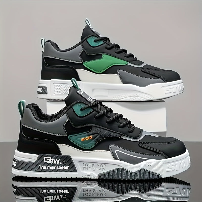 Men's Low-Top Skate Sneakers - Black with Teal Accents, PU Upper PVC Sole, Slip-Resistant Comfortable Lace-Up Shoes for Urban Streetwear, Outdoor Sports, All-Season Casual Wear, Skate Shoes, Modern Street Style, Durable Fab