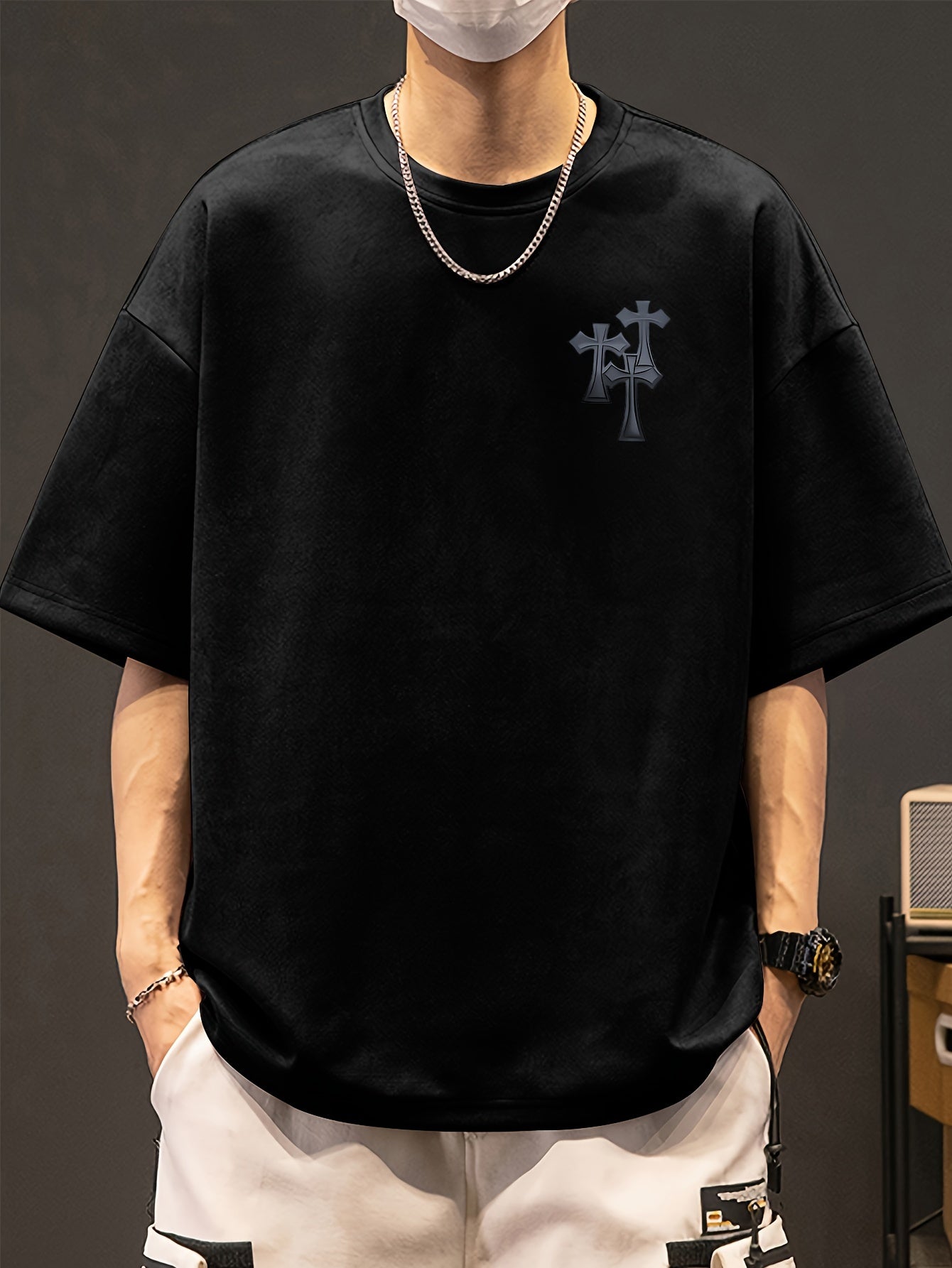 Men's Casual Black Suedette Short-Sleeve T-Shirt with Print Cross Design - Soft, Loose Fit, Round Neck, Summer Tee for Adults, Summer Casual Wear | Casual Shirt | Faux Suedette Texture