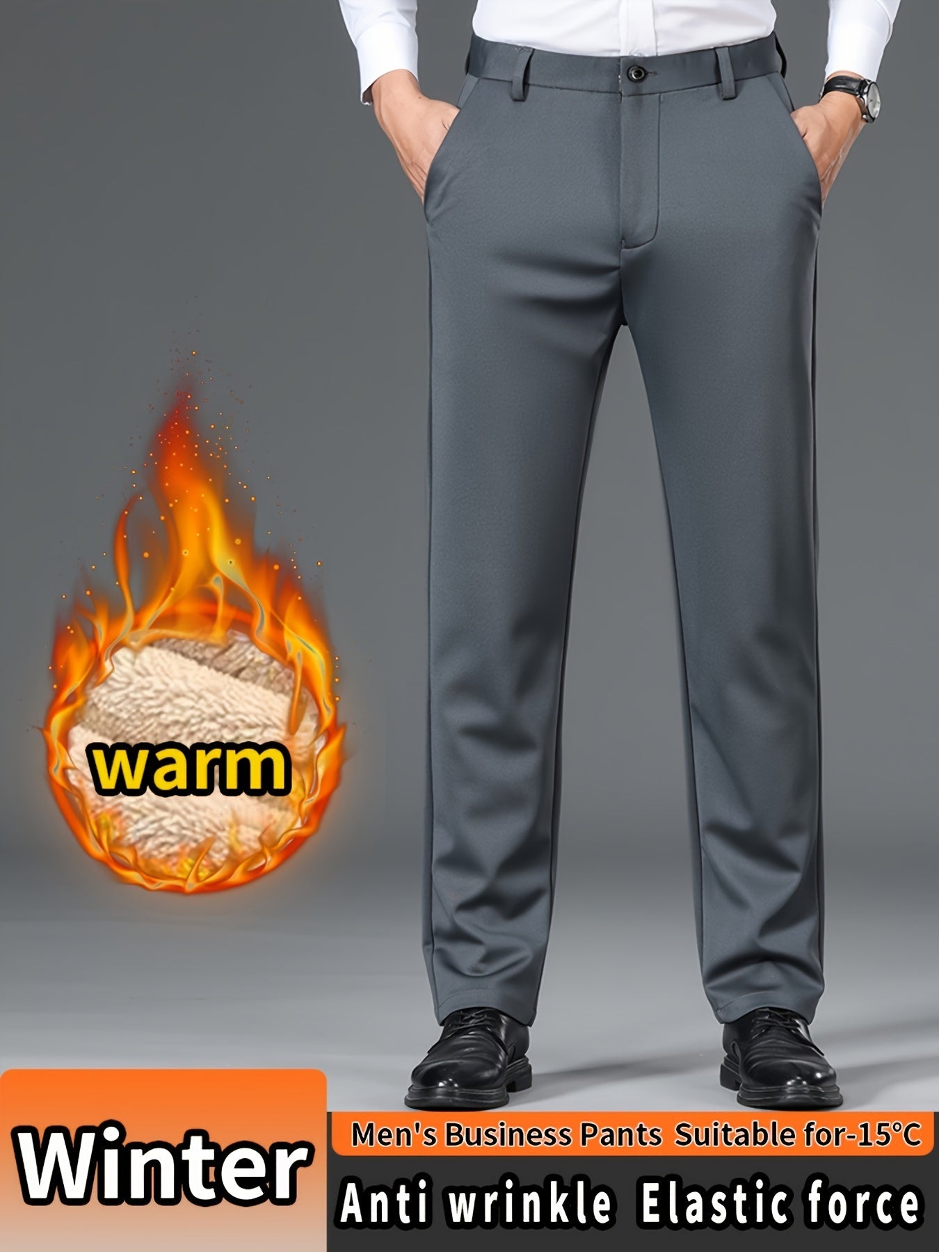 Men'S High Waist Solid Color Straight Leg Business Pants with Pocket Details, Polyester and Elastane Blend with Viscose Lining, Elastic Stretch, Zipper Fly Closure, Suitable for Fall/Winter Workwear