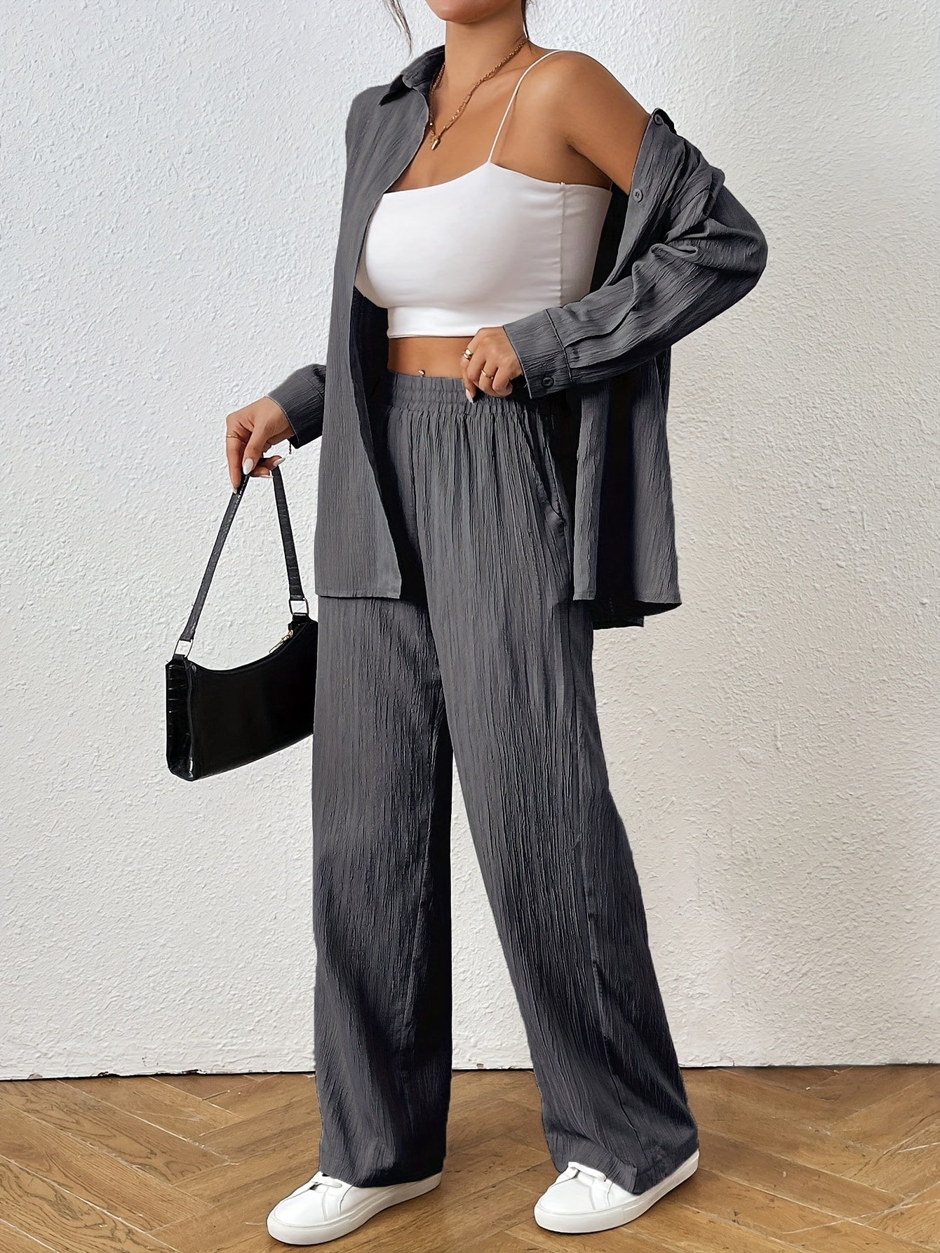 2pcs Women Spring & Autumn Casual Solid Color Long Sleeve Shirt And Pants Set