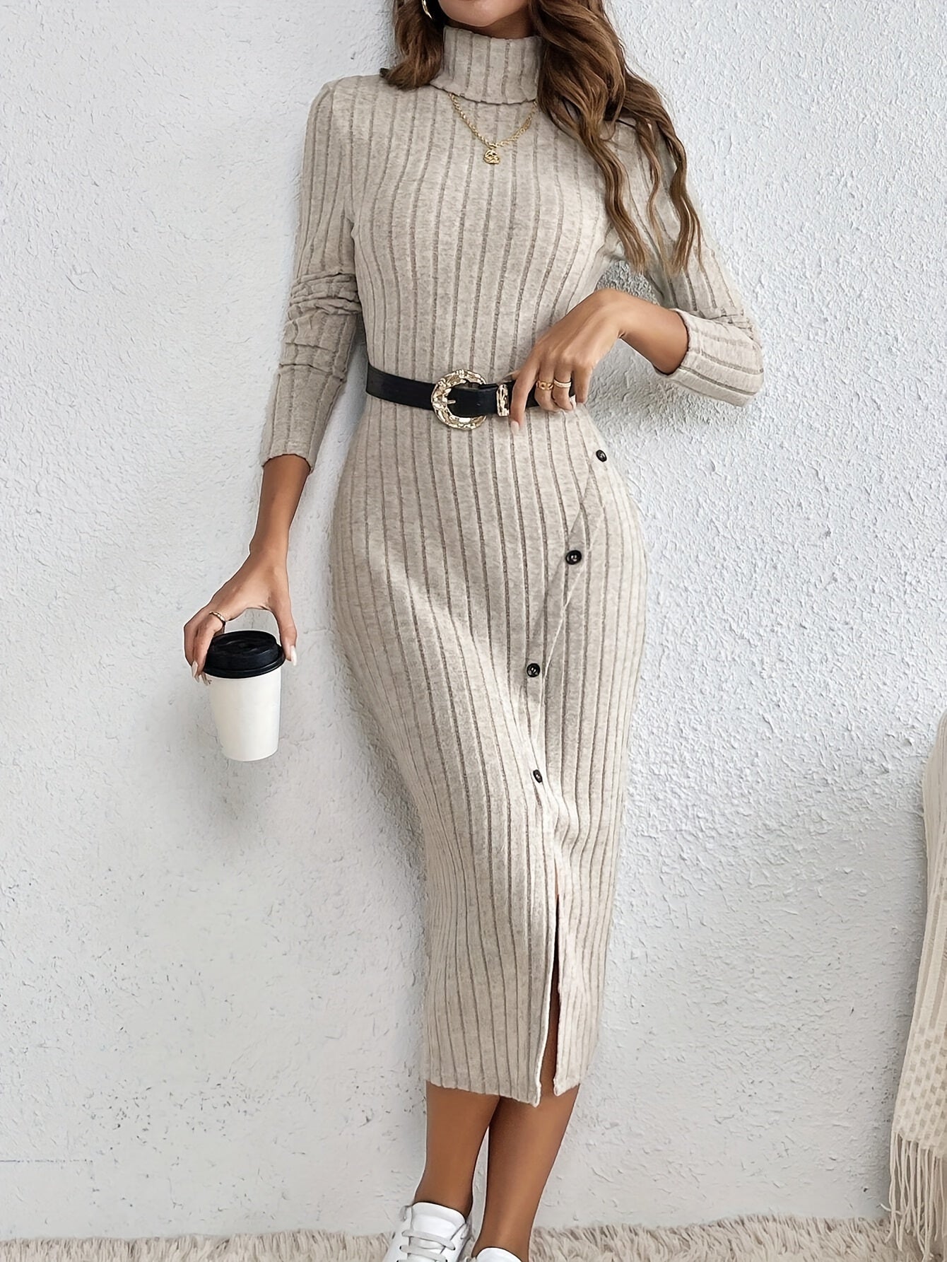 French high collar hollow side slit plaid dress