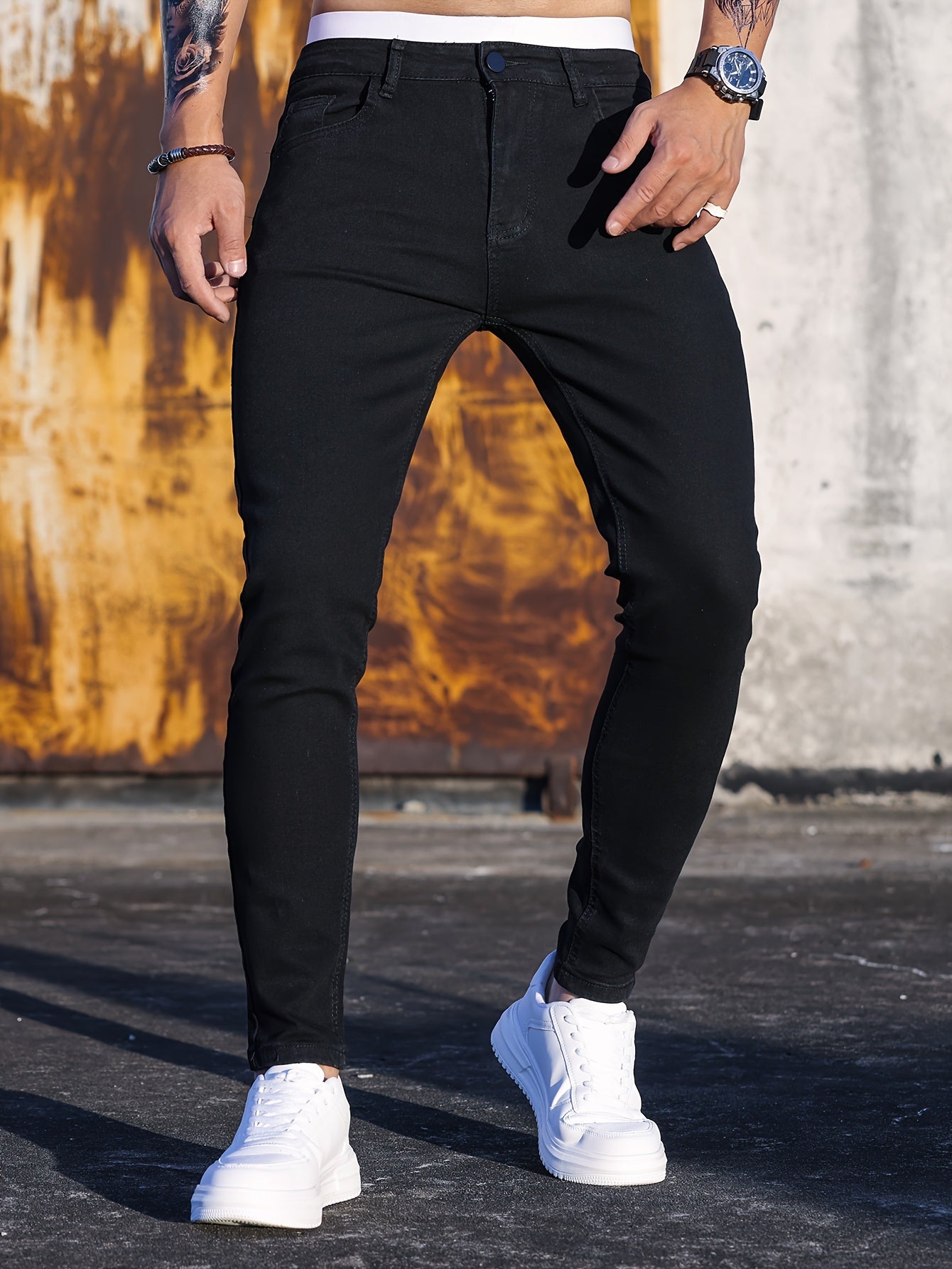 Men's Cotton Blend Casual Skinny Jeans, Chic Street Style Medium Stretch Denim Pants