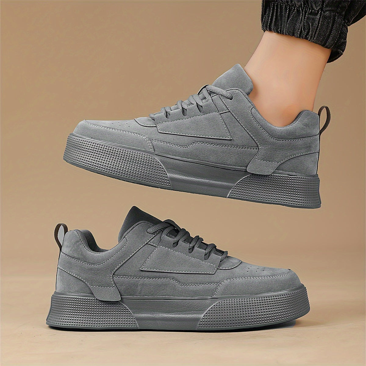 1pair Men'S Classic Solid Grey Skateboard Sneakers, Casual Street Style Lace-Up Running Shoes, Lightweight Stability Low Top with Faux Upper, Fabric Inner & EVA Sole for All-Season Outdoor Activities