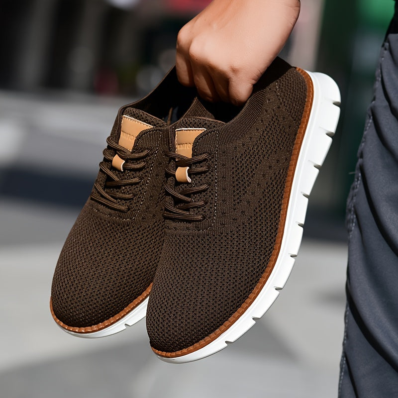 Men's Breathable Knit Business Casual Shoes - Beige with Brown Accents, Lace-Up, EVA Sole, Round Toe, Versatile for All Seasons, Dressy Shoes