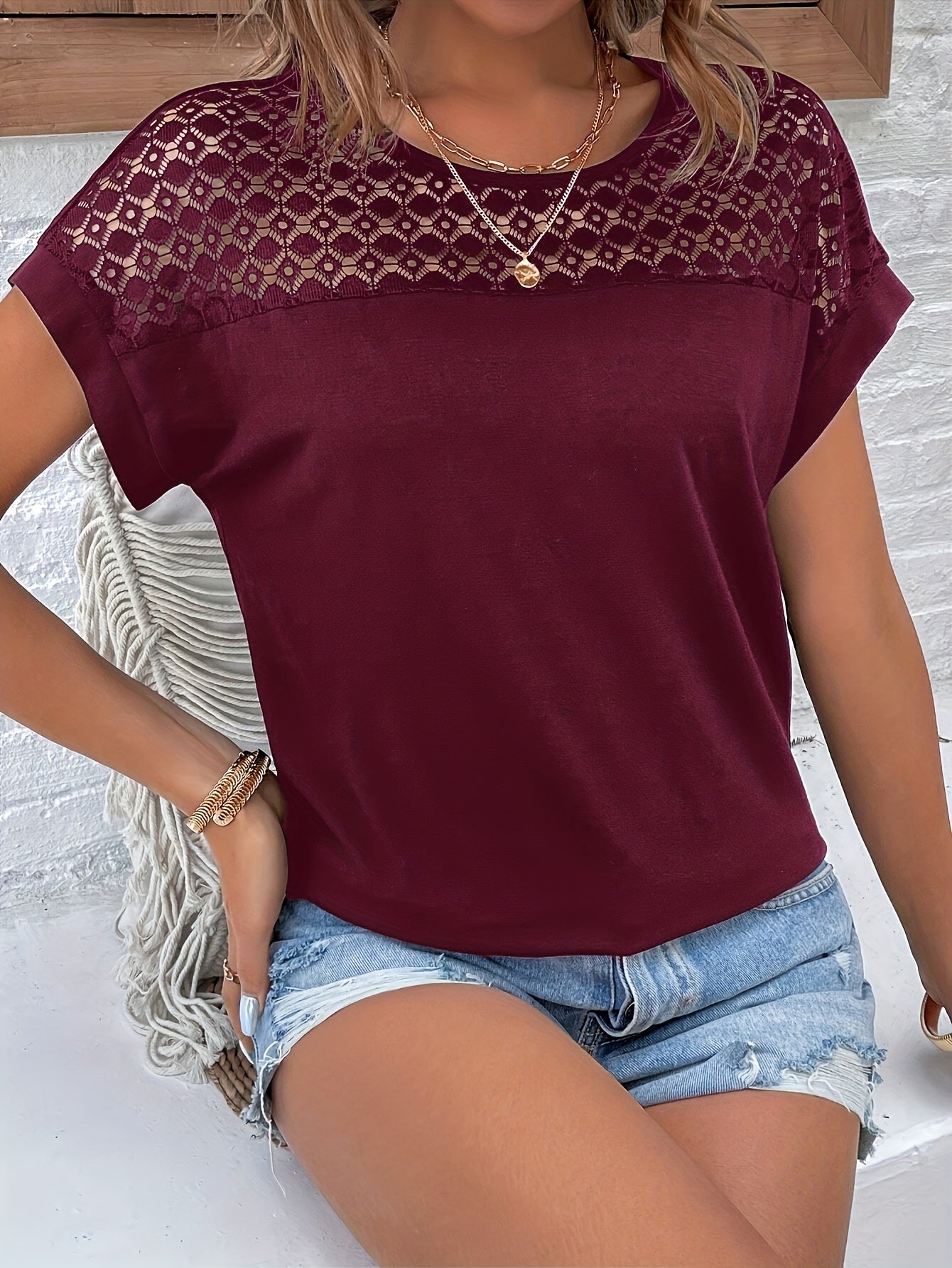 Vacation Style Lace Batwing Short-Sleeve T-Shirt