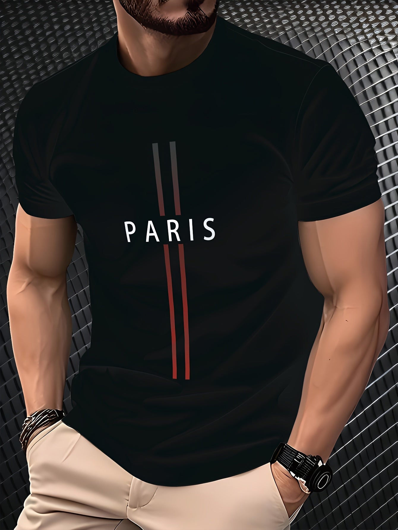 Men'S Paris Graphic Tee - Black Short Sleeve Crew Neck with Red White Stripes, Casual Streetwear Style, Lightweight Polyester Blend, Machine Washable, Everyday Tshirt Bold Graphic Tee Glossy Texture