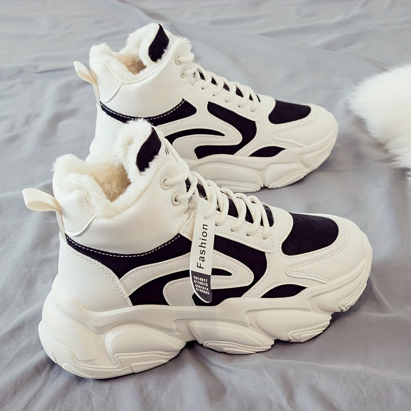 Women's Plush Fleece-Lined High-Top Sneakers - Thick-Soled Winter Warm Lace-Up Shoes with PU Upper & Cushioned PVC Sole, White/Black/Grey Chunky Dad Shoes (Cozy Round Toe) - Instagram Trendy Winter Footwear by I Trend
