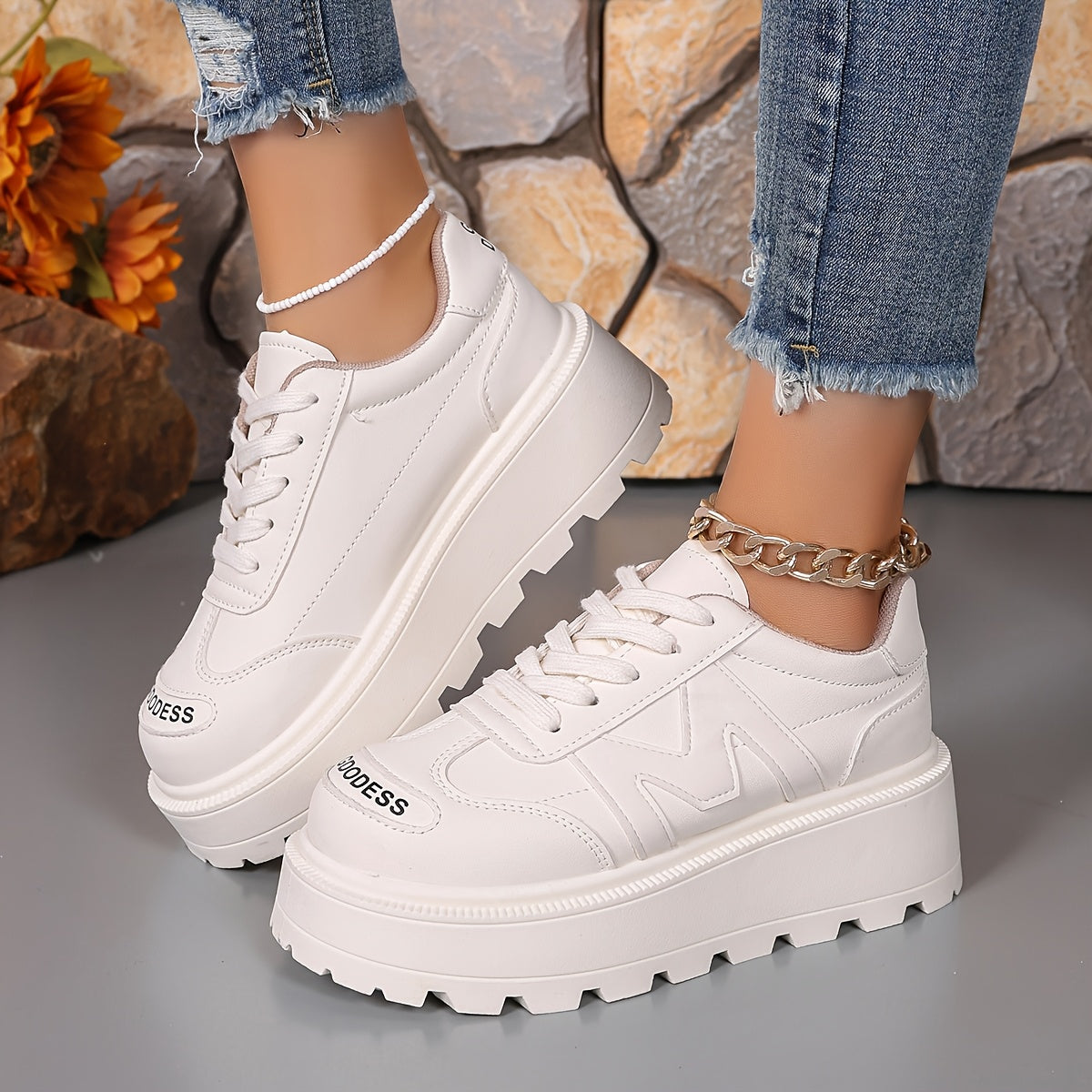 Women's Casual Lace-Up Sneakers - Breathable, Thick Sole, Round Toe, Faux Cover - White, High Top Sneakers