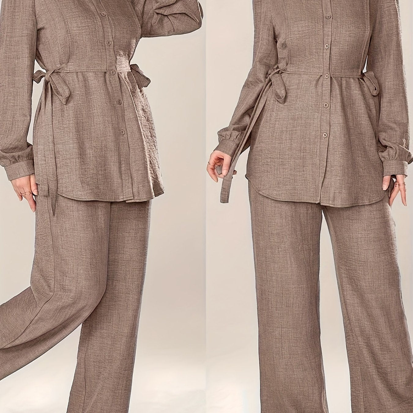 Women'S Solid Color Long Sleeve Knotted Waist Single-Breasted Shirt and Pants Elegant Commuter Set, Two-Piece Summer Autumn Women'S Outfit Office Business Casual Women'S Suit