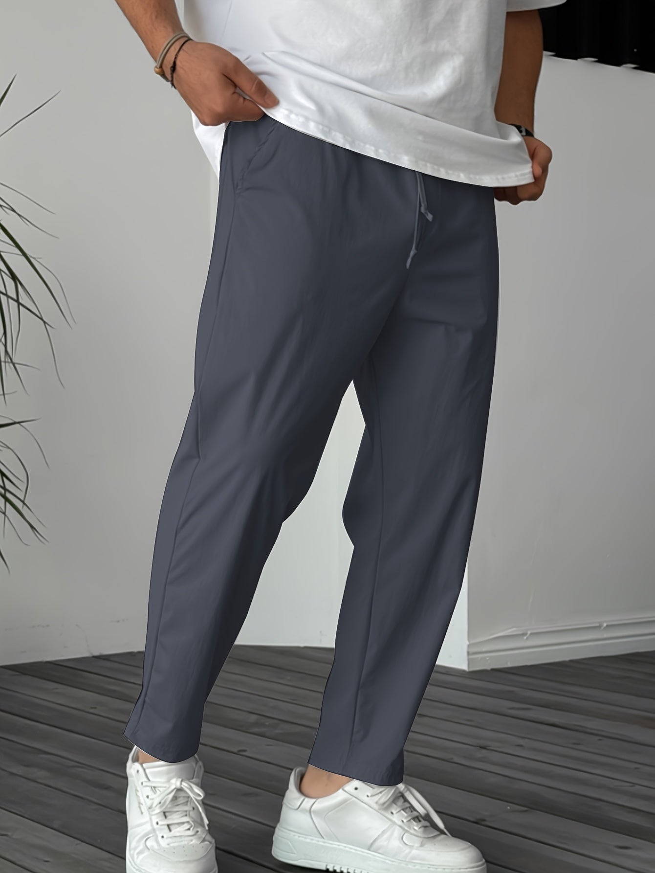 Men's Solid Pants With Pockets, Casual Drawstring Trousers For Outdoor Activities Gift