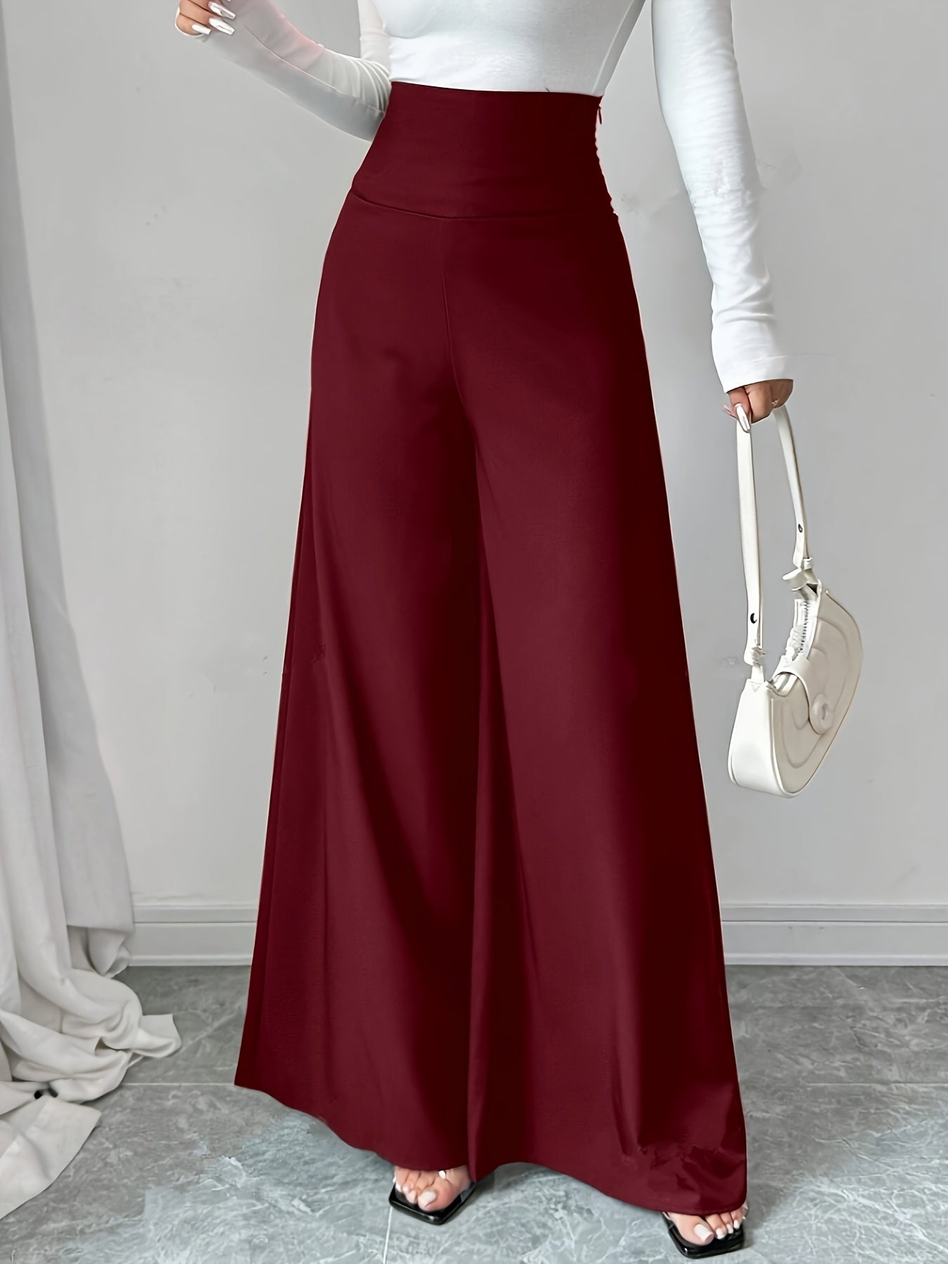 1pc Elegant High-Waisted Black Wide Leg Pants for Women, Solid Color Polyester, Regular Fit with Zipper Fly, All-Season Long Length Trousers with Zipper Detail