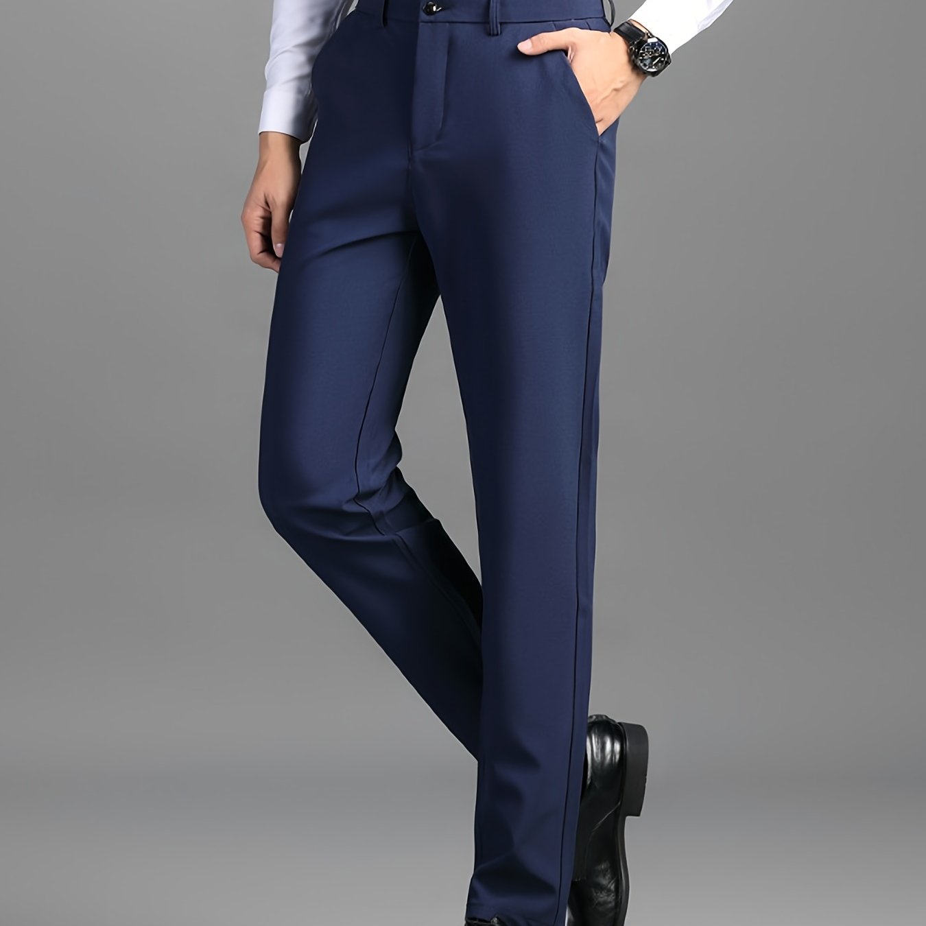 Men's Sleek Business Casual Dress Pants - Solid Black, Straight Leg, Wrinkle-Resistant Polyester Blend, All-Season Formal Trousers with Button Detail