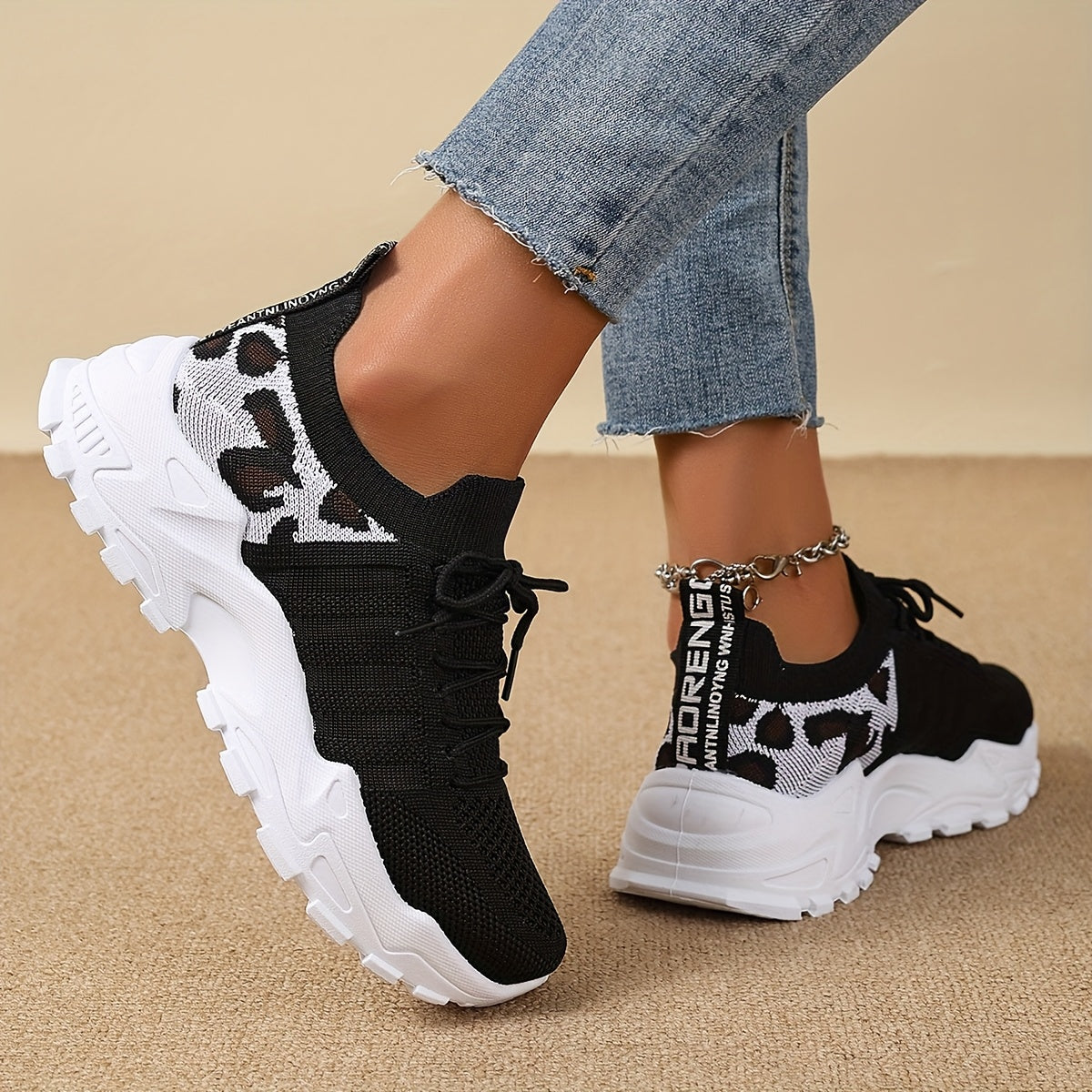 Կանացի նորաձև Leopard Print Lace-Up սպորտային կոշիկներ, շնչող ցանցով քայլելու կոշիկներ գարուն/ամառ, թեթև, հարմարավետ պատահական սպորտային հսկիչ կոշիկներ PVC ներբանով և միկրոֆիբրե միջանցքով: