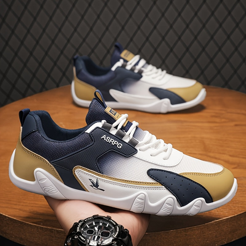 Men's Breathable Low-Top Casual Sneakers - Sporty Lace-Up Walking Shoes with Navy/White/Golden Accents, All-Season Outdoor Everyday Comfort, Durable Fabric Upper PVC Sole, Comfortable Footwear, Sleek Shoe Design, Lightwei