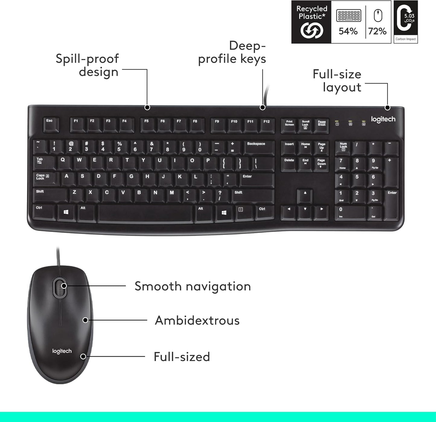 Logitech MK120 Wired Keyboard and Mouse Combo for Windows, Optical Wired Mouse, Full-Size Keyboard, USB Plug-And-Play, Compatible with PC, Laptop - Black