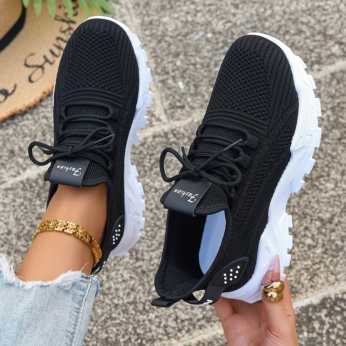 Women'S Breathable Knit Mesh Sneakers - Lightweight Running Shoes with Non-Slip EVA Sole - Comfortable All-Season Casual Walking Footwear, Black & White Options, Low-Top Lace-Up Design, Walking Shoes