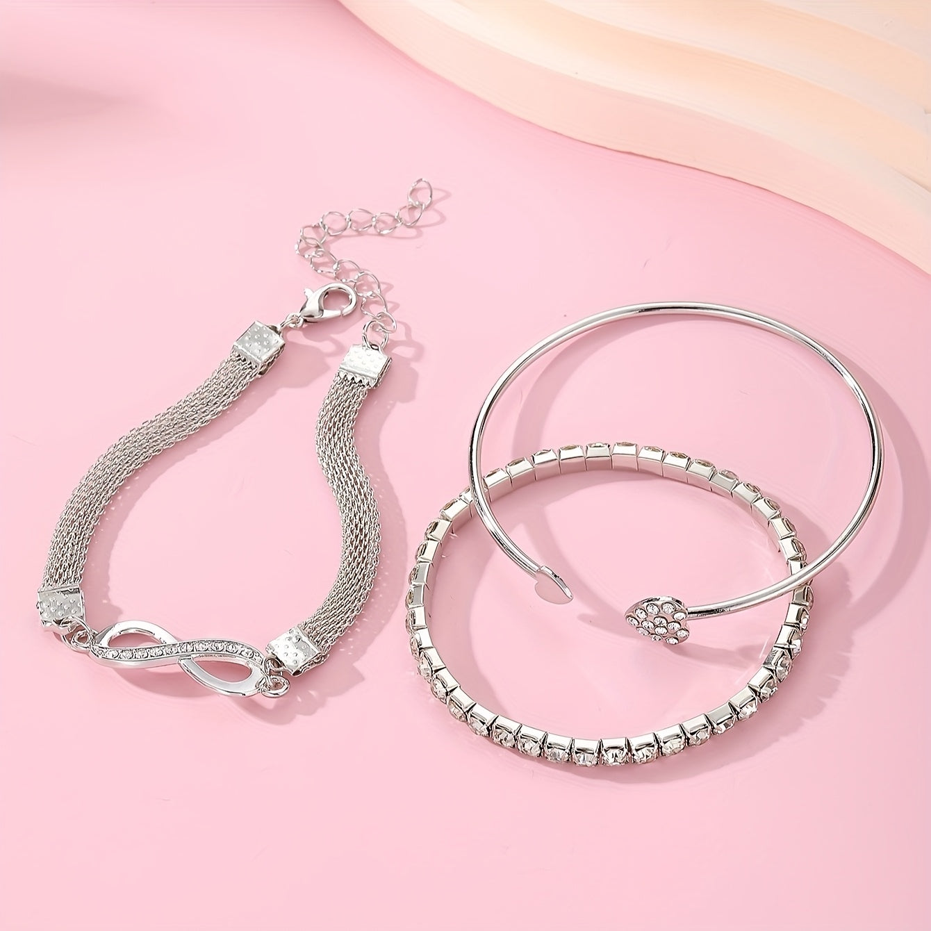 3pcs Vintage Elegant Rhinestone Bracelet Set, Adjustable Heart & Infinity Symbol Bangle, Women'S Alloy Open Cuff, Daily & Gift Occasion, All-Season Jewelry Collection