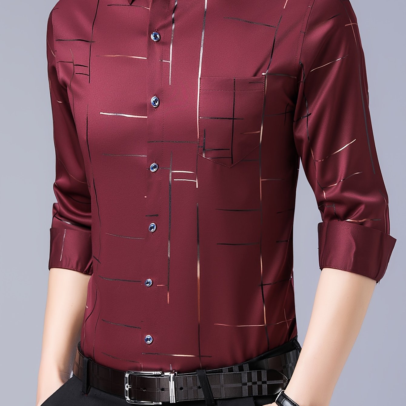Elegant Men's Maroon Striped Long Sleeve Dress Shirt - Sophisticated Black & Golden Print, Breathable Polyester, Casual Comfort Fit with Classic Collar and Button-Up Front for Casual Attire