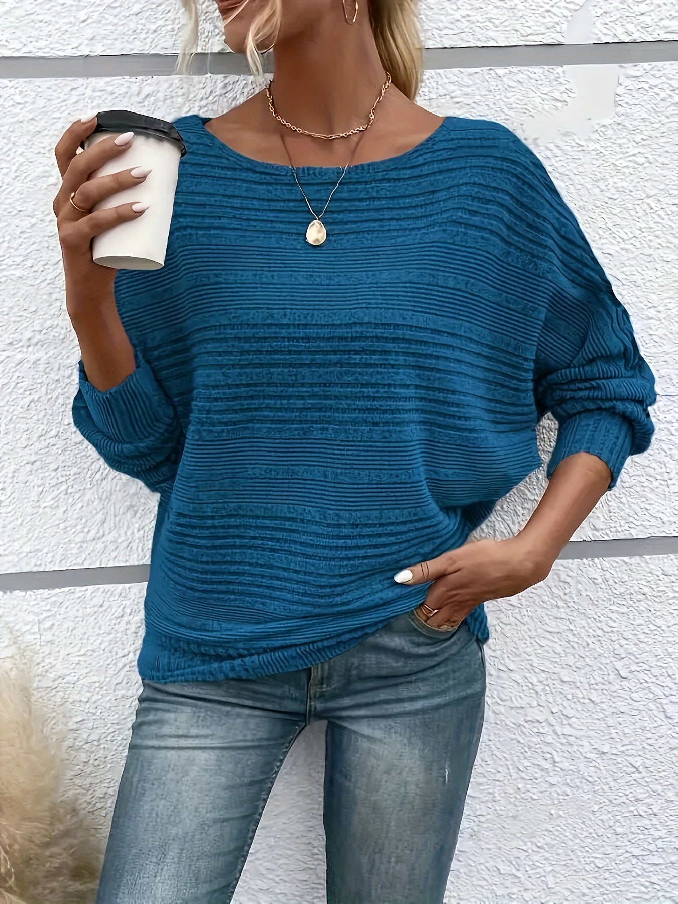 1 հատ Women'S Casual Crew Neck Knit T-shirt - պոլիեսթեր պինդ գույնի երկարաթև վերնաշապիկ գարնան/աշունի համար