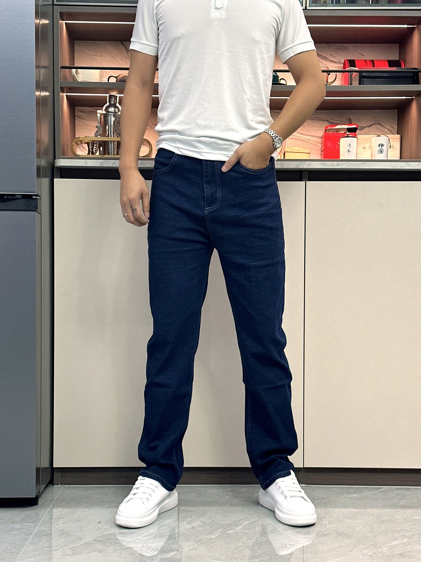 Men's Classic Straight-Leg Jeans in Dark Blue - Comfortable & Stylish Denim for Casual, Work, and Business Dates | Machine Washable, Non-Transparent with Printed Detail | All-Season Wear