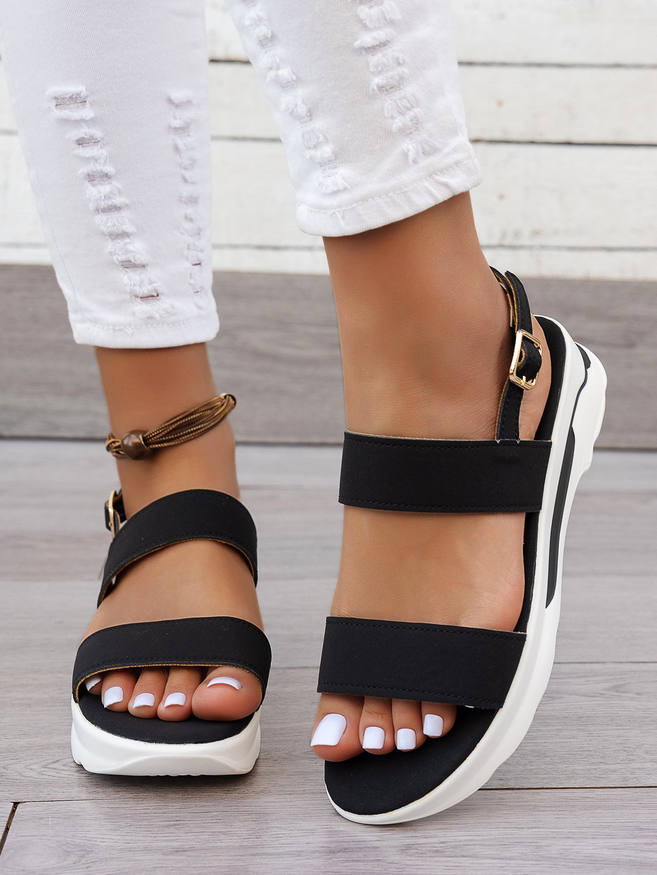 Mhysa Women's Comfortable Open-Toe Platform Sandals with Thick Sole & Golden Buckle Strap - Summer Casual White PU Cover Ankle Strap Sandals for Casual Attire, Ladies Sandals