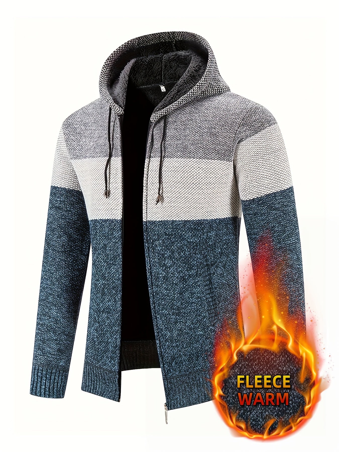 Men'S Fleece-Lined Hooded Sweater | 100% Polyester Knit | Mature Style | Striped Pattern | Long Sleeve | Regular Fit Hoodie with Medium Stretch Fabric | Casual Autumn & Winter Outerwear