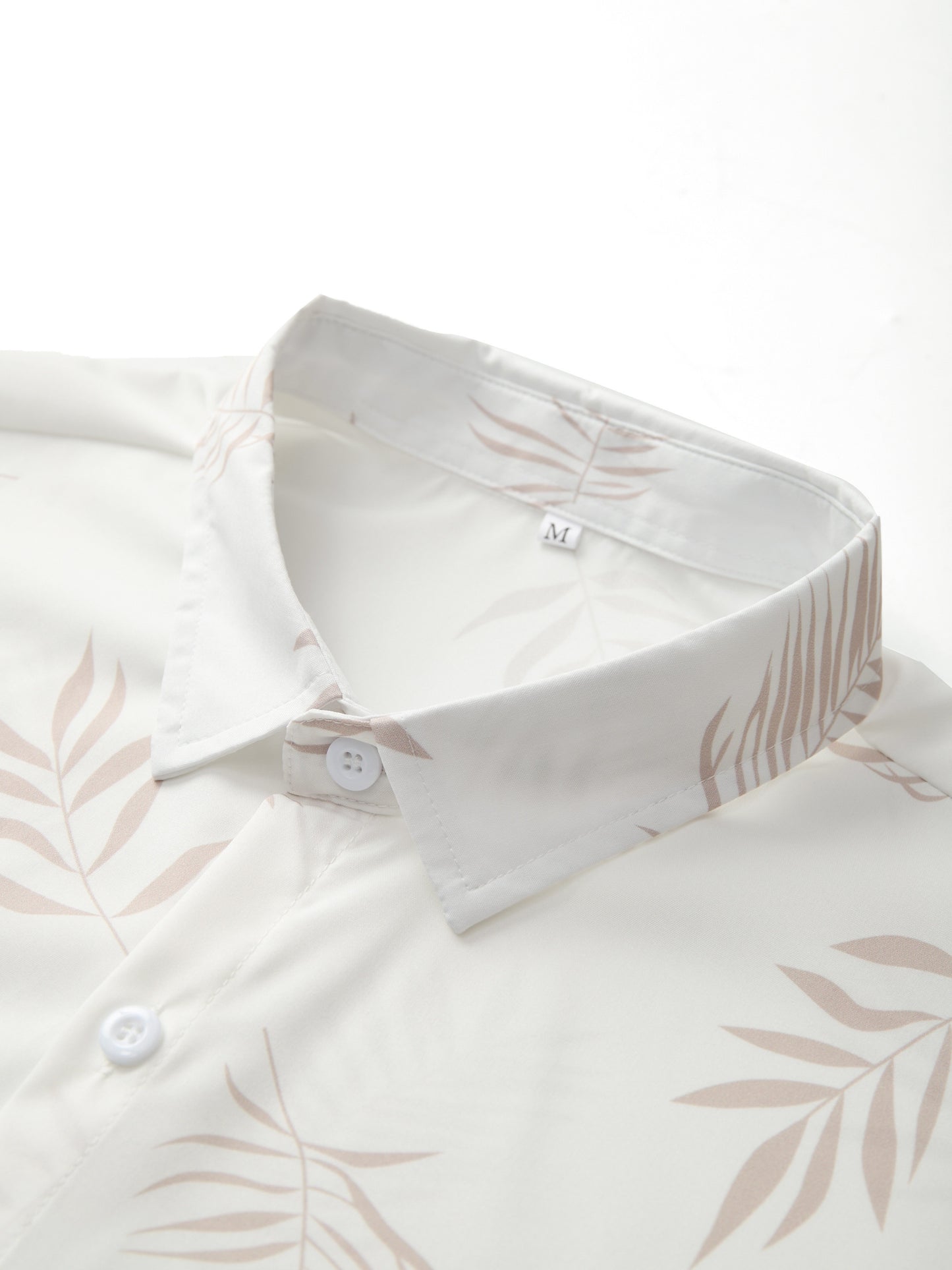Men'S Casual Two-Piece Summer Outfit - Leaf Print Button-Up Shirt with Drawstring Shorts, Light Brown and White, Polyester, Relaxed Fit, Perfect for Beach or Casual Attire, Beach Attire|Tropical Print|Polyester Fabric